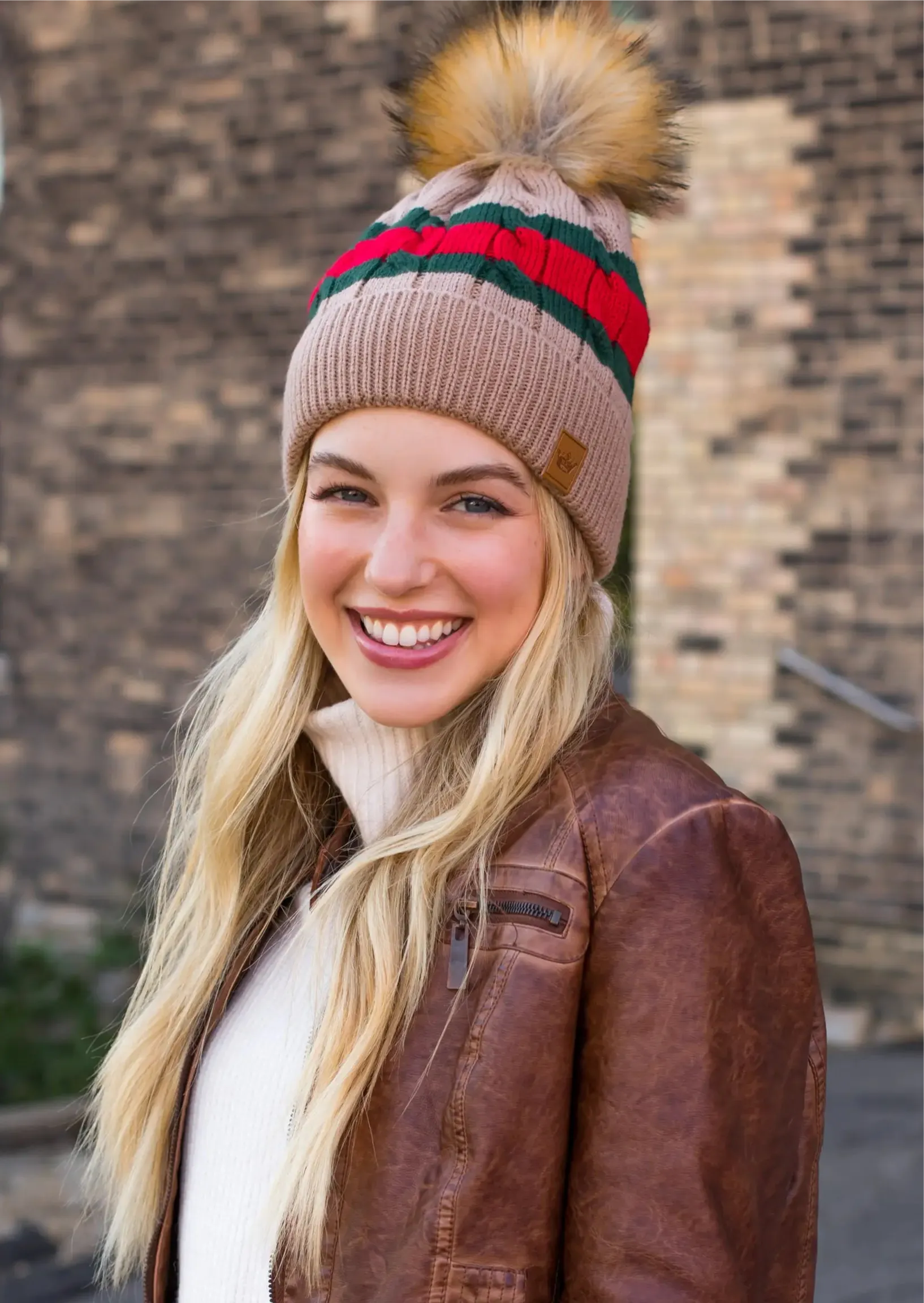 Stripe Knit Hat with Faux Fur Pom