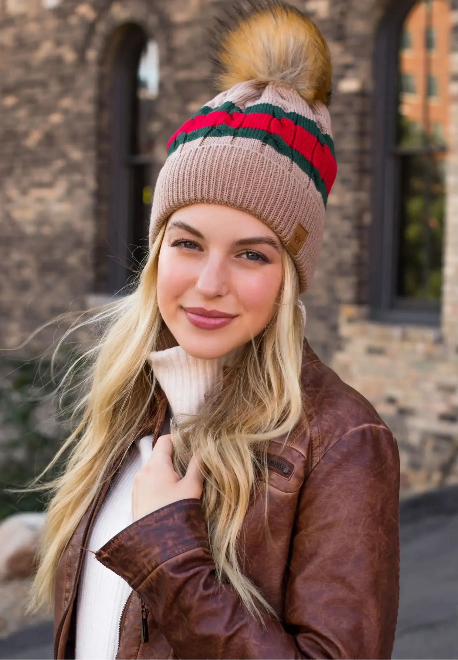 Stripe Knit Hat with Faux Fur Pom