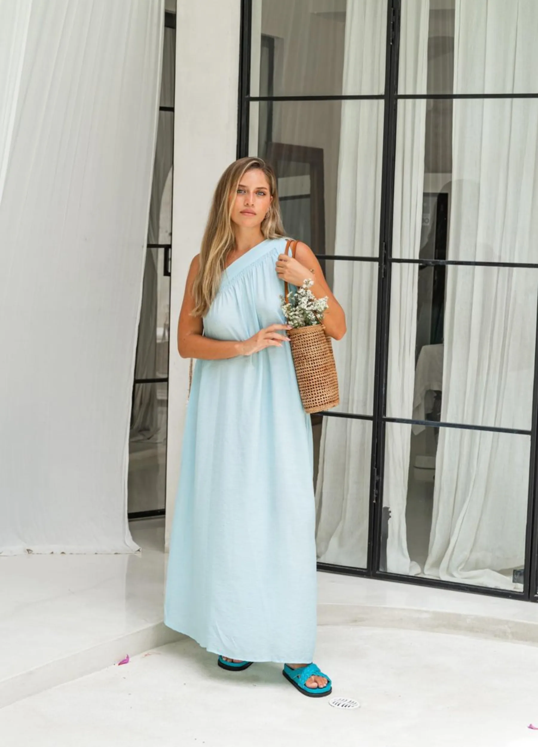 Tanah Folk - One Shoulder Anja Maxi Dress - Sky