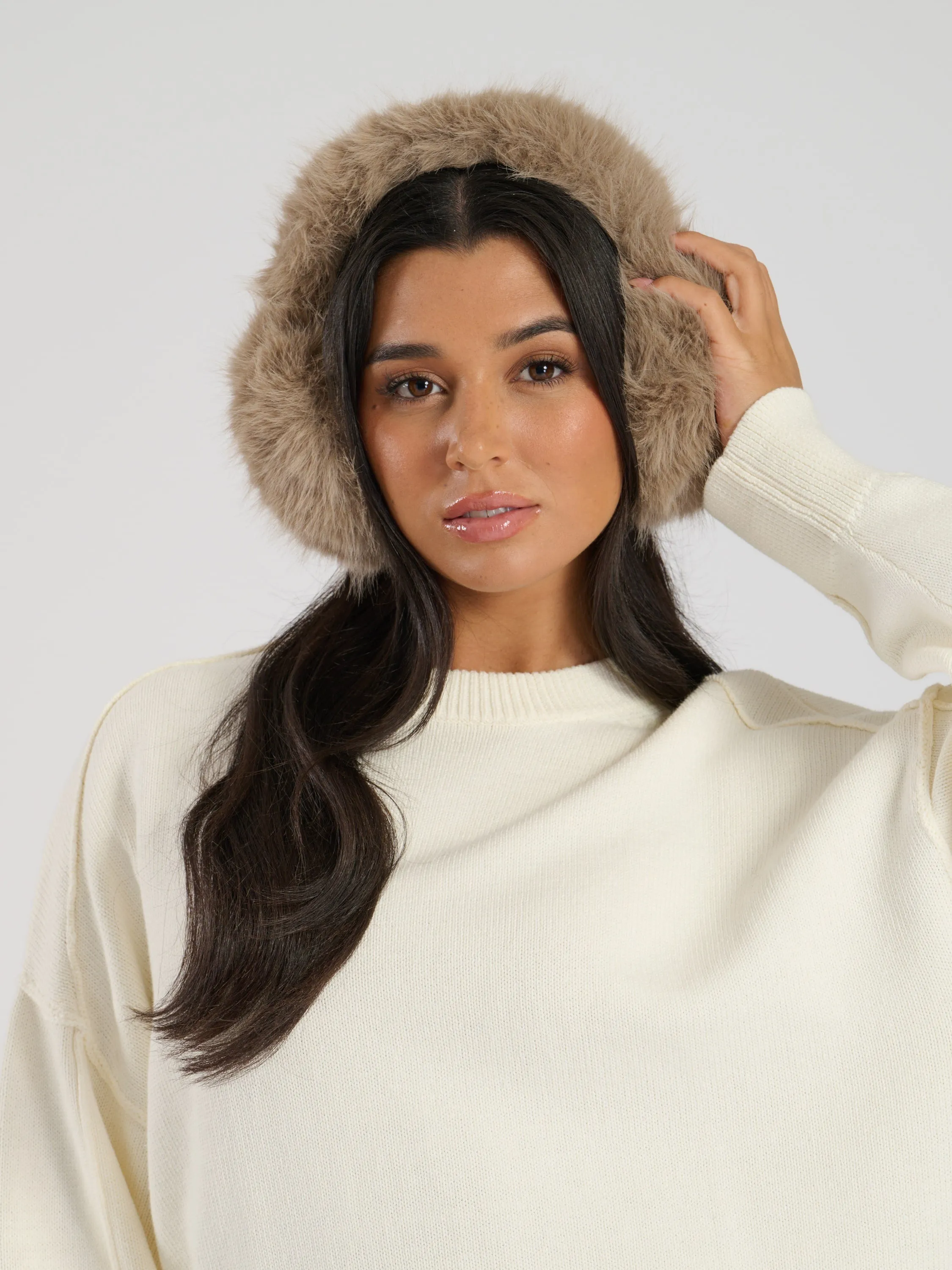 The 'Snowdrop' fluffy ear muff in taupe