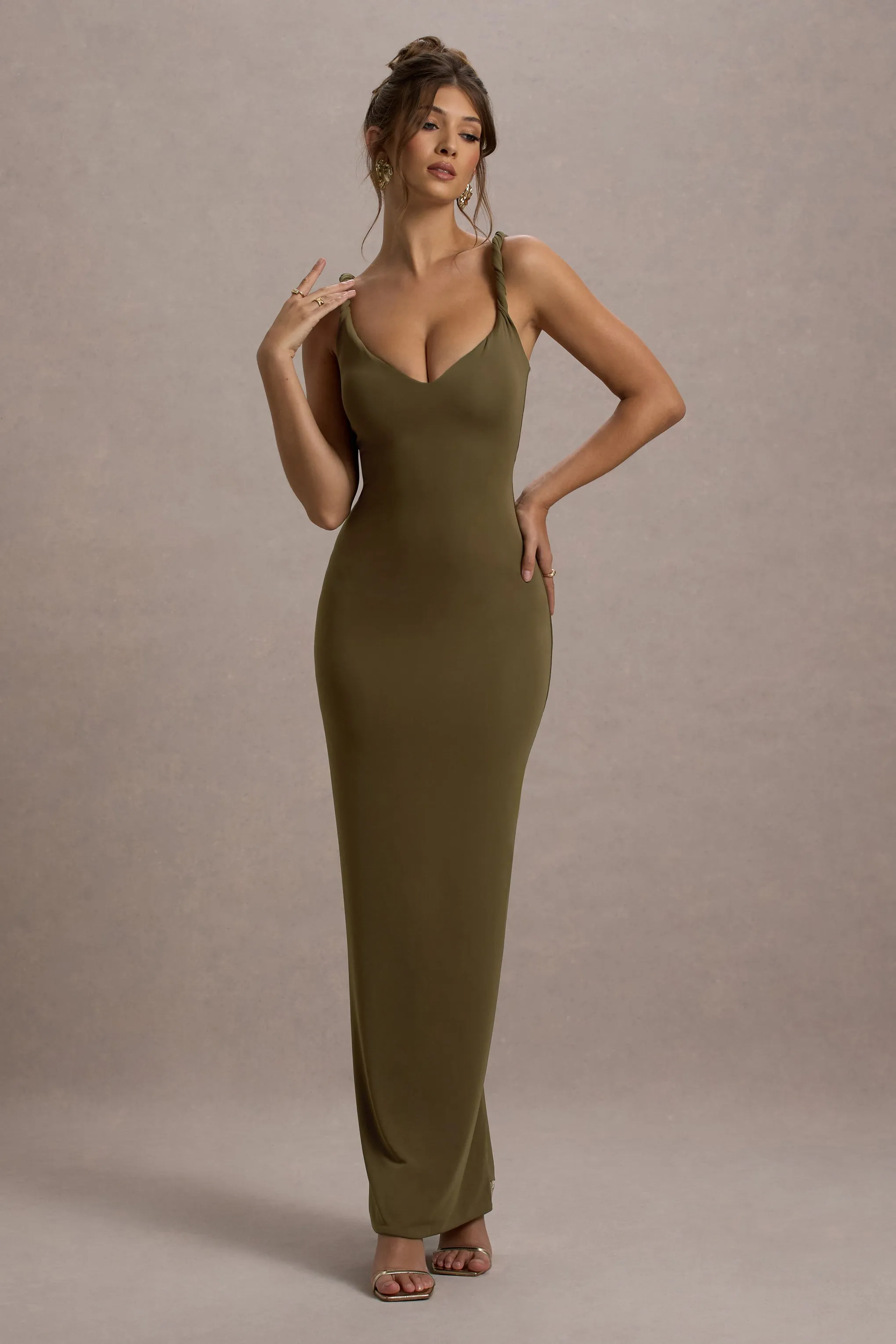 Twist Of Fate | Khaki Green Twist-Neck Maxi Dress