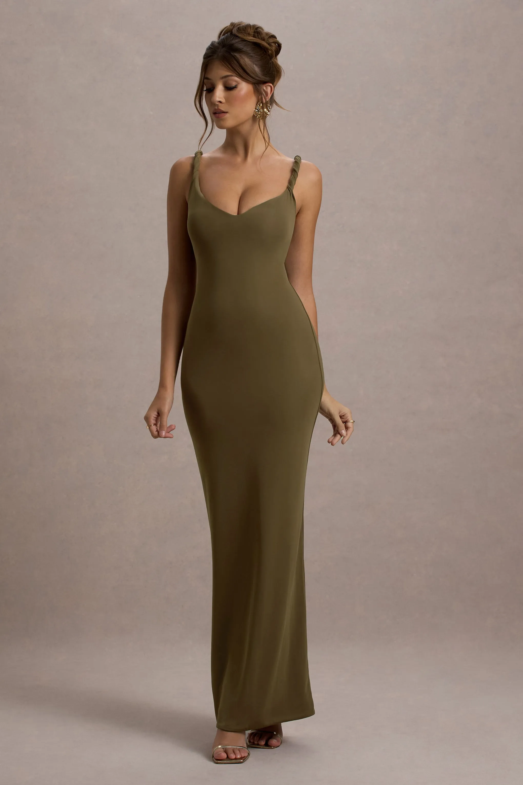 Twist Of Fate | Khaki Green Twist-Neck Maxi Dress