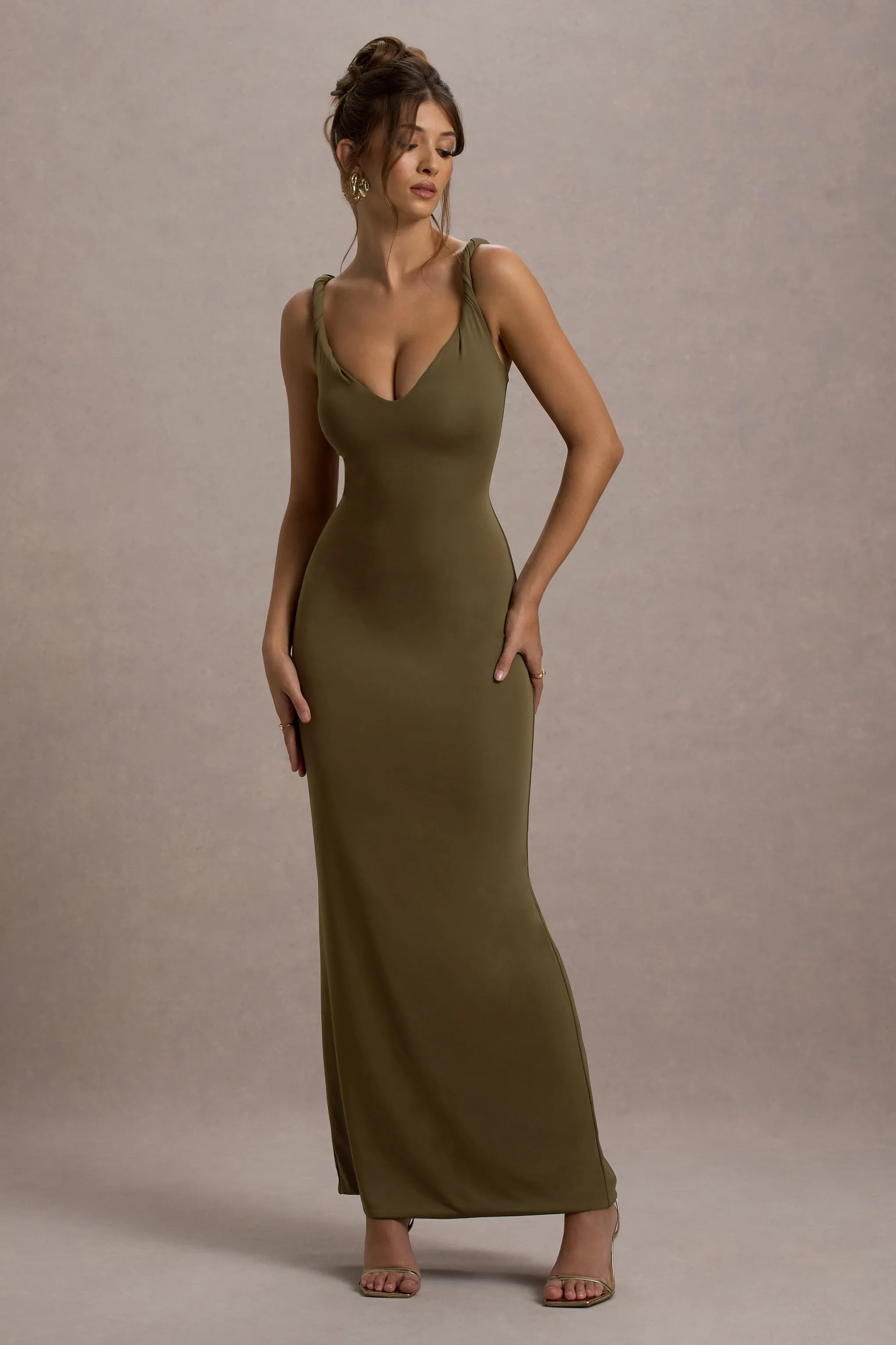 Twist Of Fate | Khaki Green Twist-Neck Maxi Dress