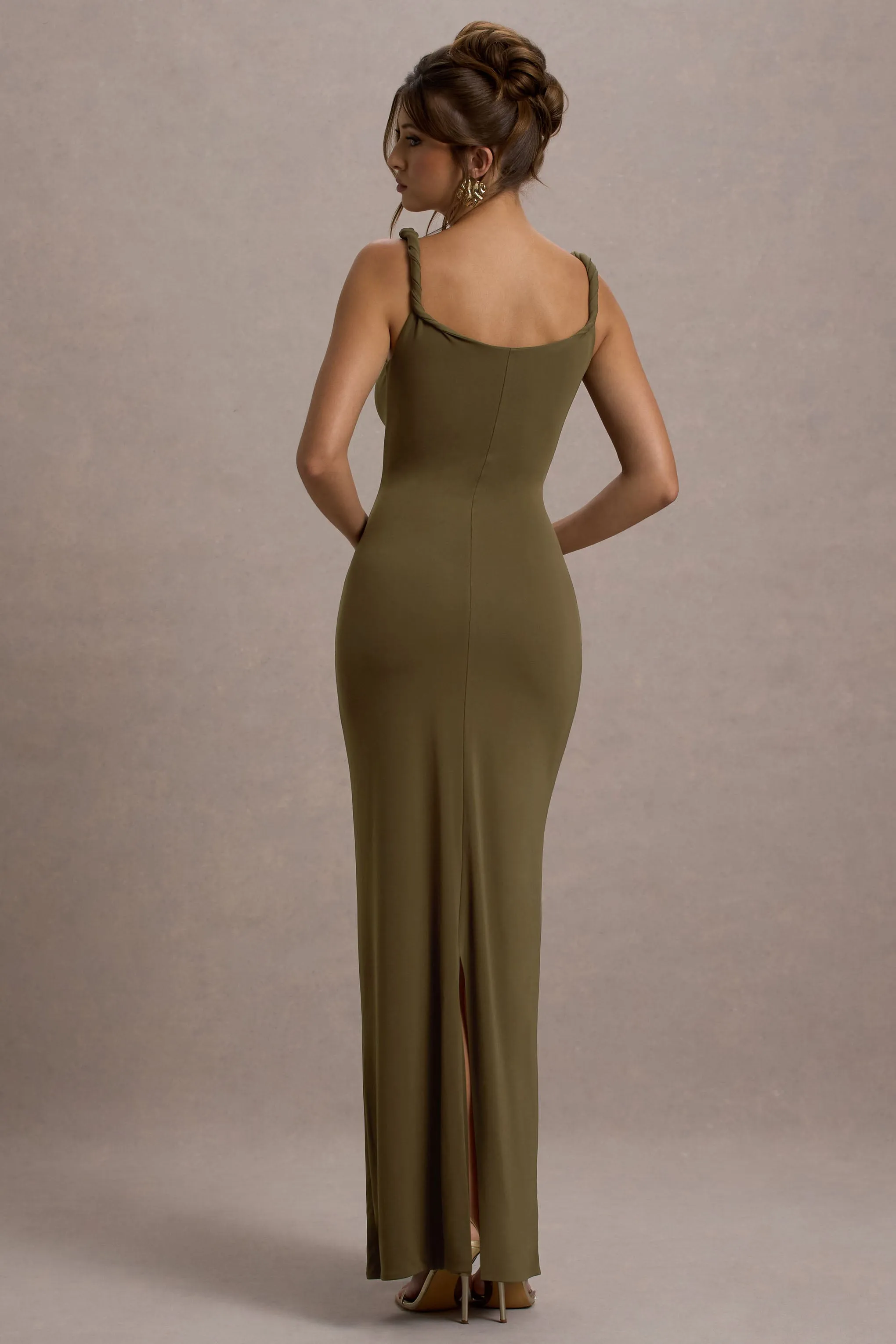 Twist Of Fate | Khaki Green Twist-Neck Maxi Dress