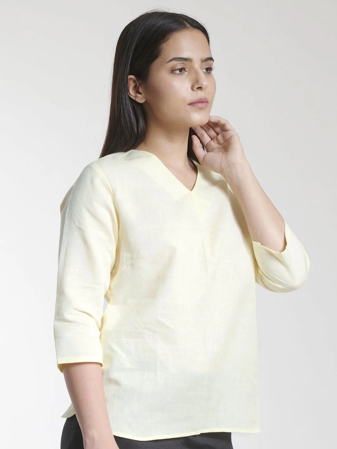 V Neck Cotton Linen Top - Lemon Yellow