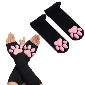 Wenkouban 3D Silicone Cat Paw Gloves Socks Stockings Cute Kitten Fingerless Mittens Pawpads Gloves Women Girls Christmas Halloween Cosplay 1231