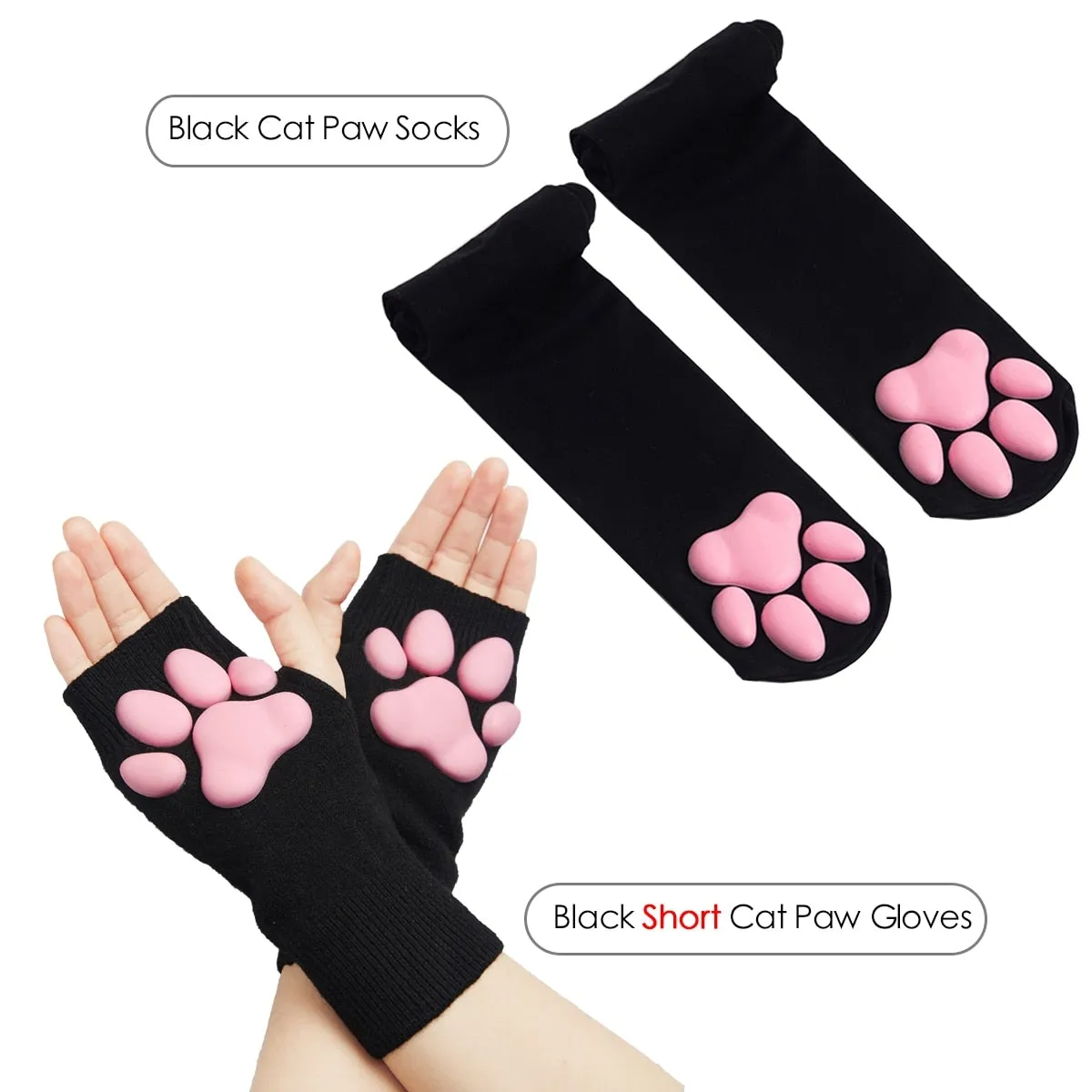 Wenkouban 3D Silicone Cat Paw Gloves Socks Stockings Cute Kitten Fingerless Mittens Pawpads Gloves Women Girls Christmas Halloween Cosplay 1231