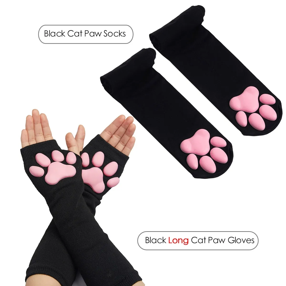 Wenkouban 3D Silicone Cat Paw Gloves Socks Stockings Cute Kitten Fingerless Mittens Pawpads Gloves Women Girls Christmas Halloween Cosplay 1231