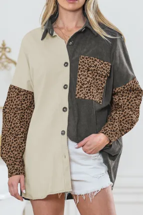 Wholesale Gray Color Block Leopard Patchwork Casual Corduroy Shacket