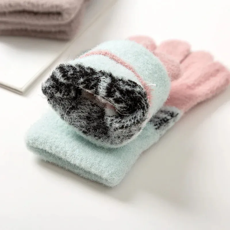 Winter Knitted Children's Gloves 3-10 Years Warm Soft Rabbit Wool Cartoons Kids Gloves Child Full Finger Baby Boys Girls Mittens