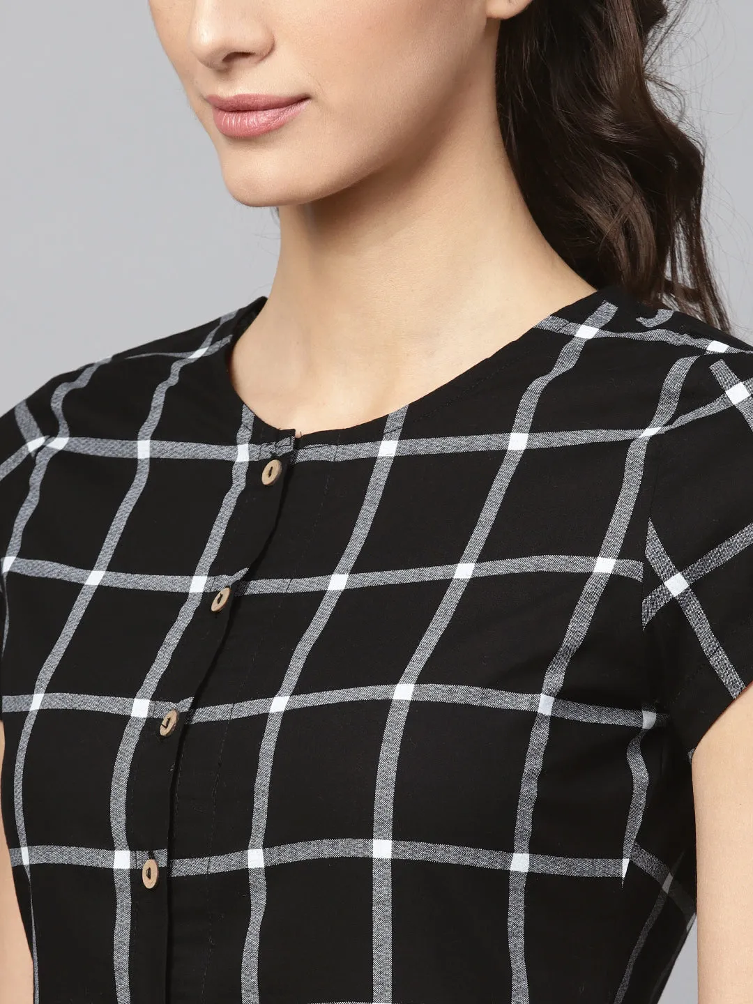 Women Black Check Front Open Flared Midi