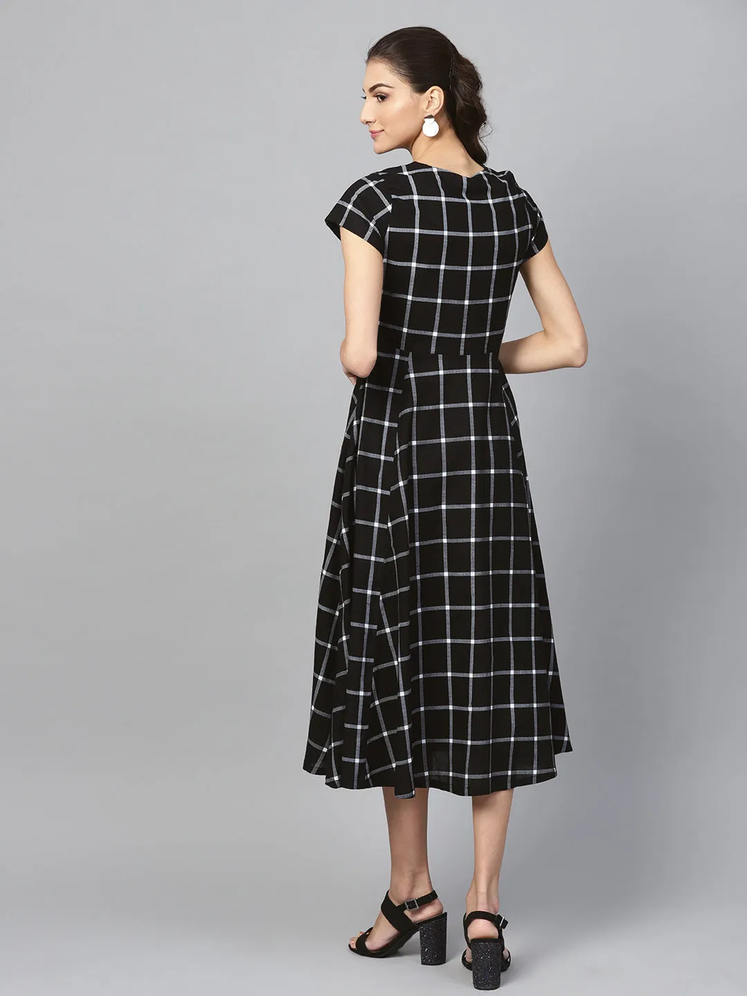 Women Black Check Front Open Flared Midi