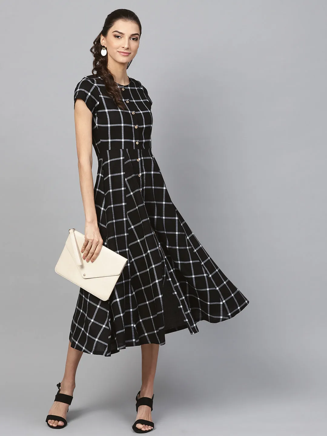 Women Black Check Front Open Flared Midi