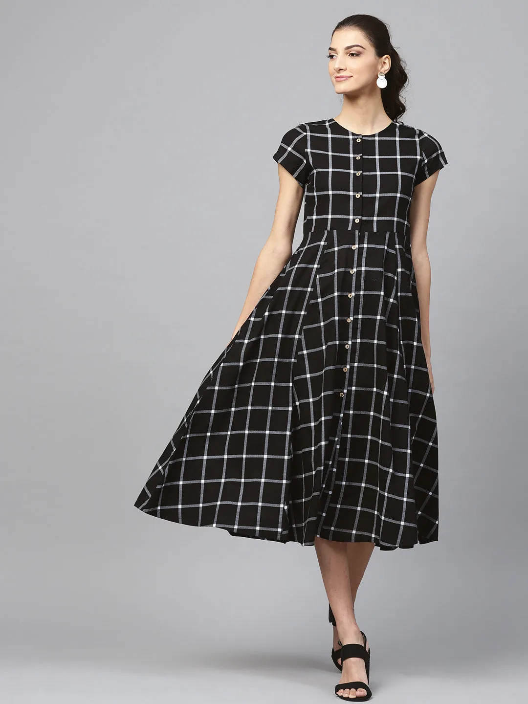 Women Black Check Front Open Flared Midi