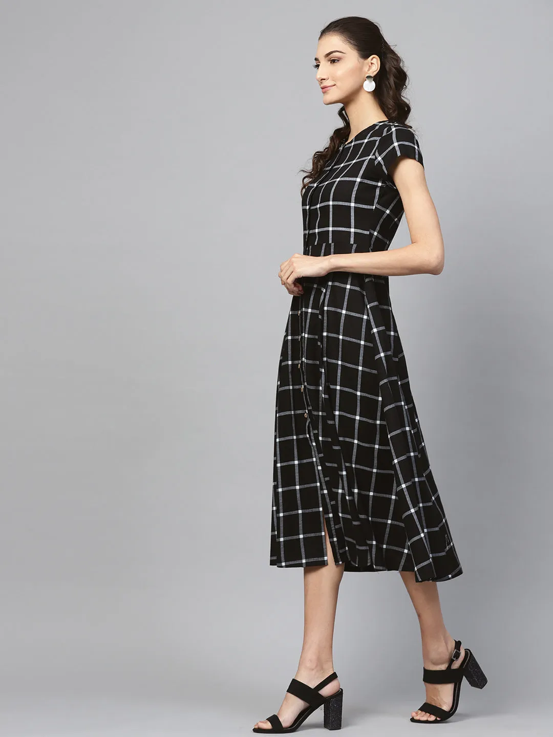 Women Black Check Front Open Flared Midi