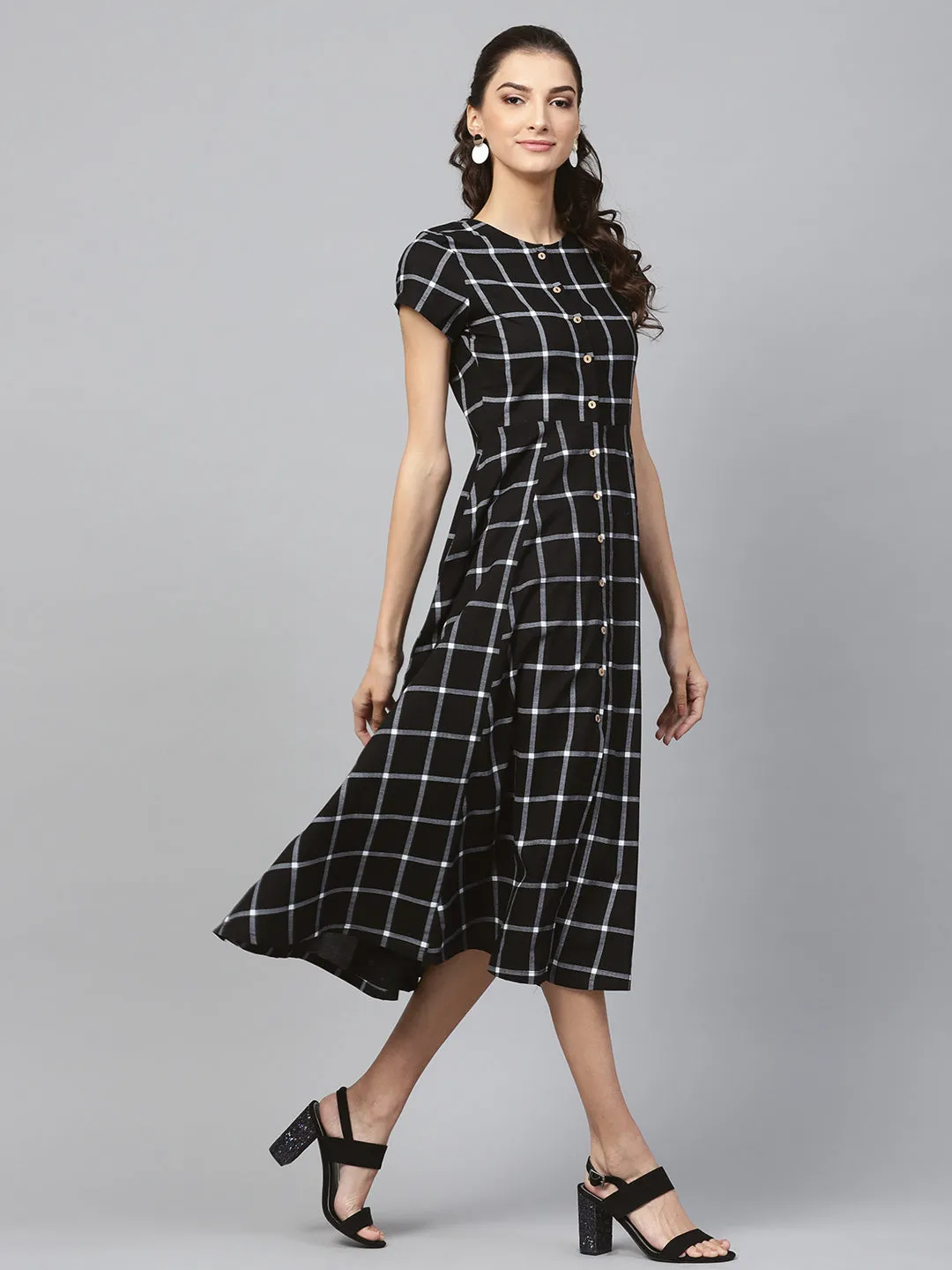 Women Black Check Front Open Flared Midi