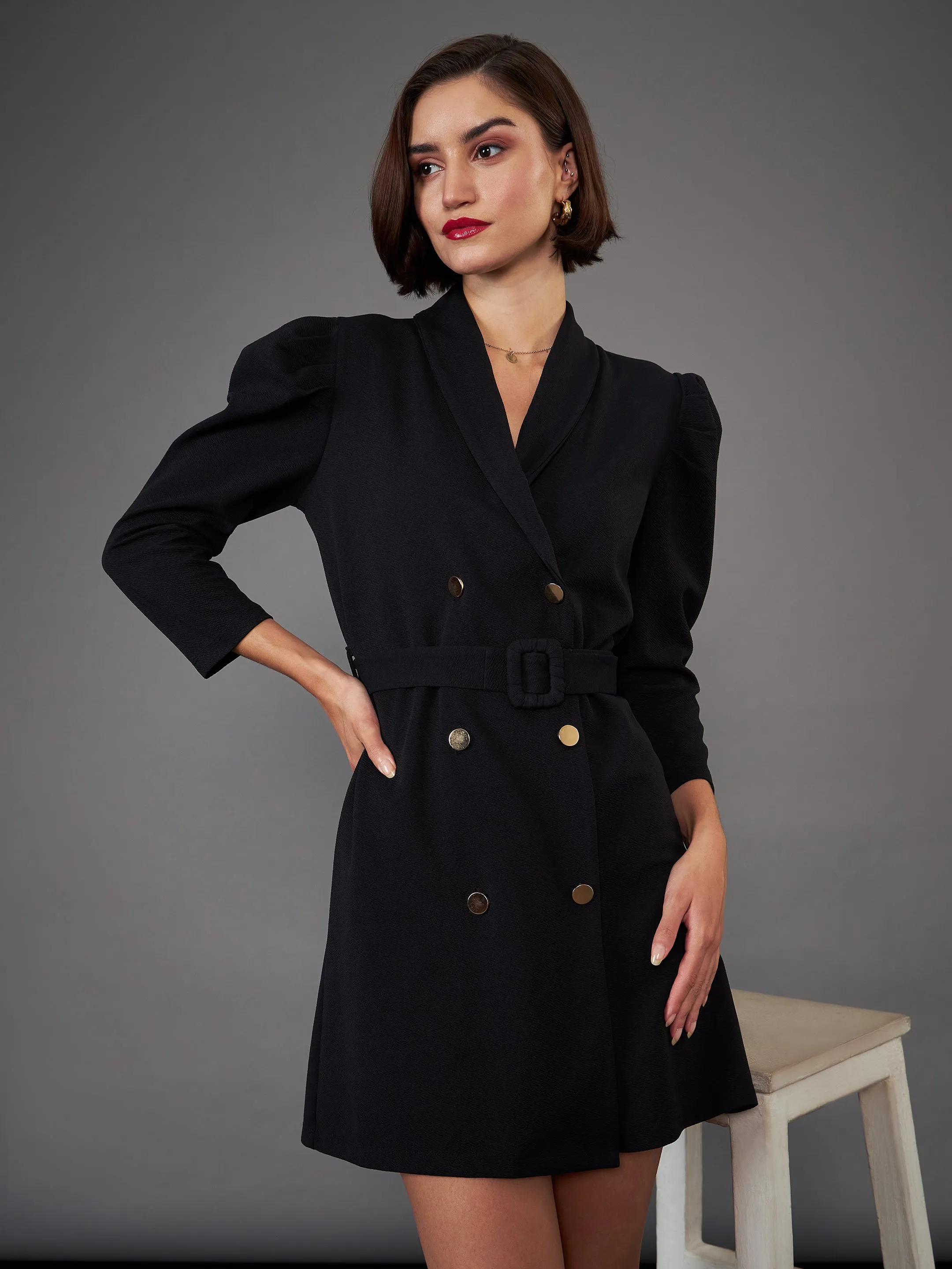 Women Black Puff Sleeves Blazer Dress