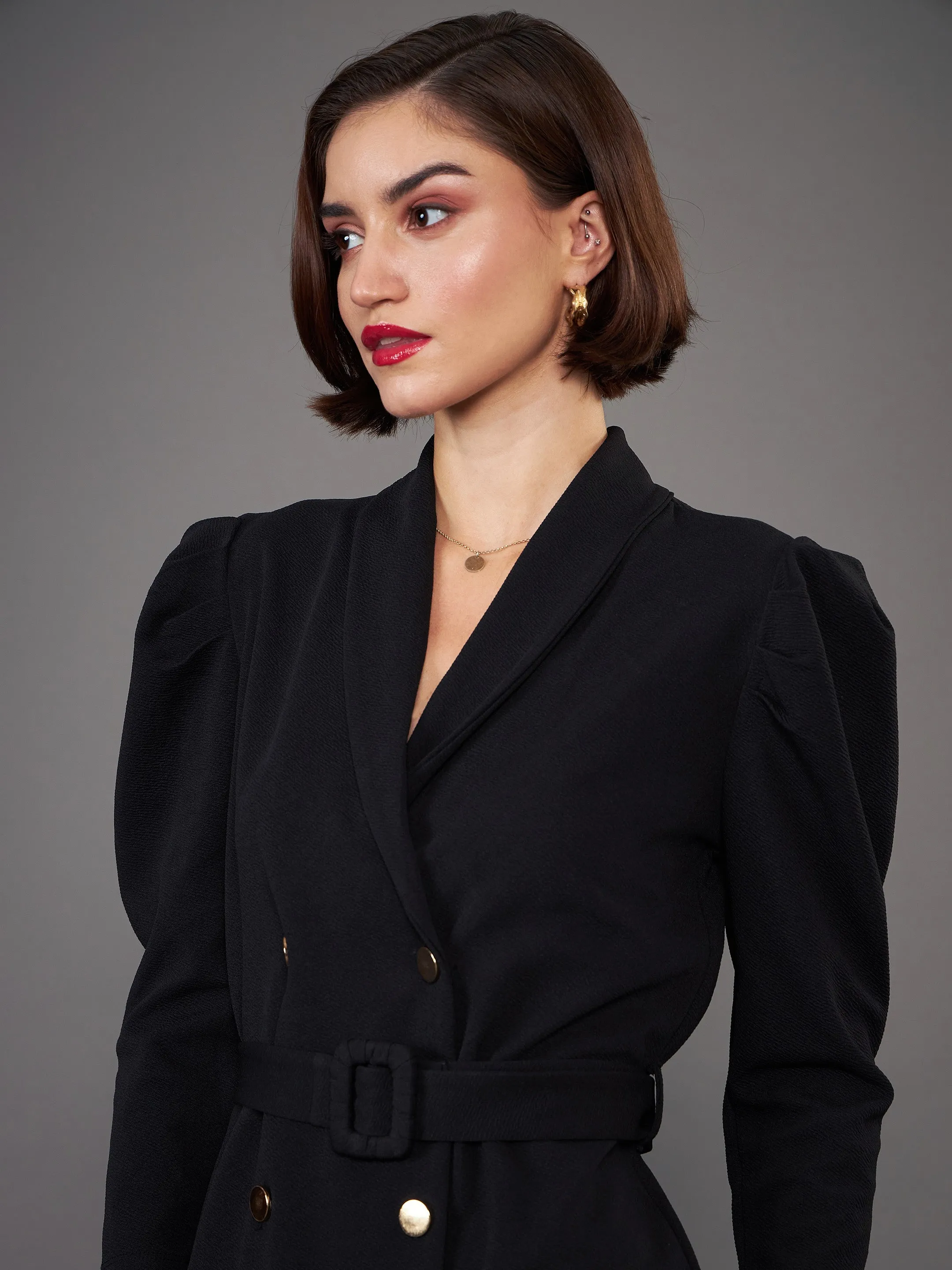 Women Black Puff Sleeves Blazer Dress