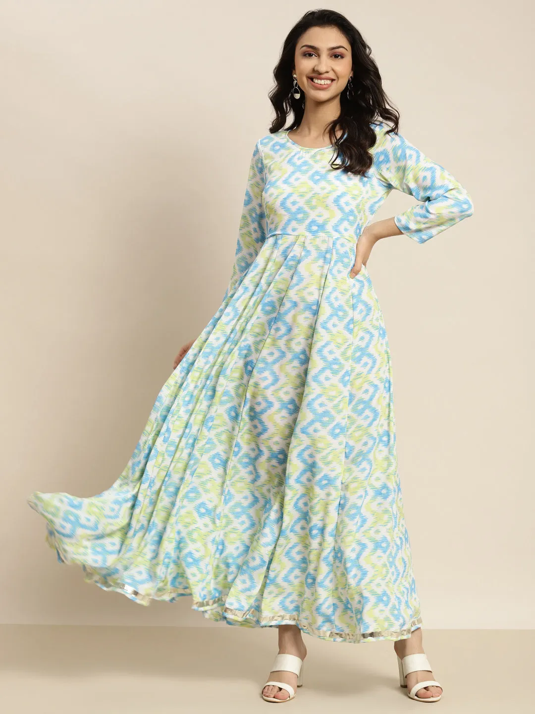 Women Blue & Green Ikat Anarkali Maxi Dress