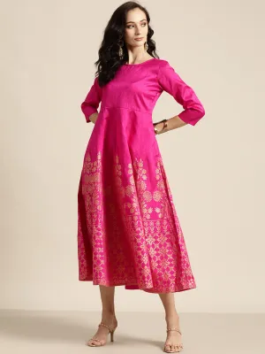 Women Fuchsia Foil Print Anarkali Maxi Dress