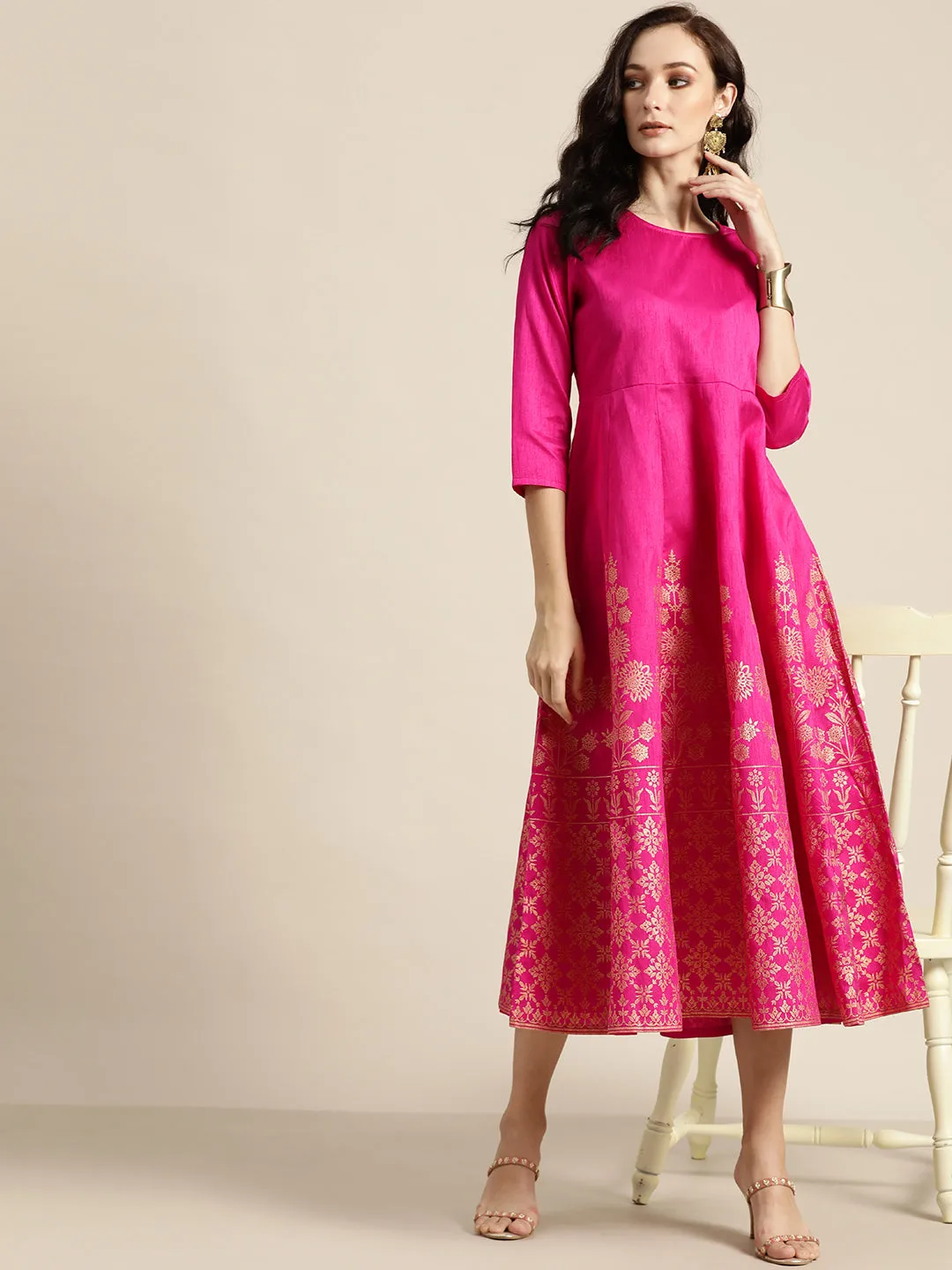 Women Fuchsia Foil Print Anarkali Maxi Dress