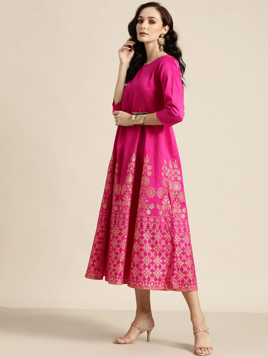 Women Fuchsia Foil Print Anarkali Maxi Dress