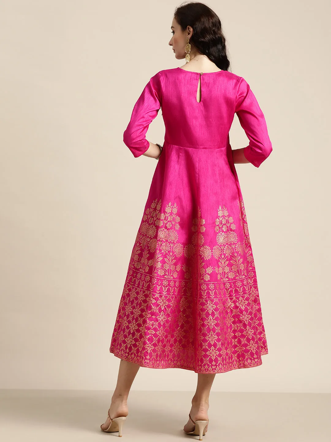 Women Fuchsia Foil Print Anarkali Maxi Dress