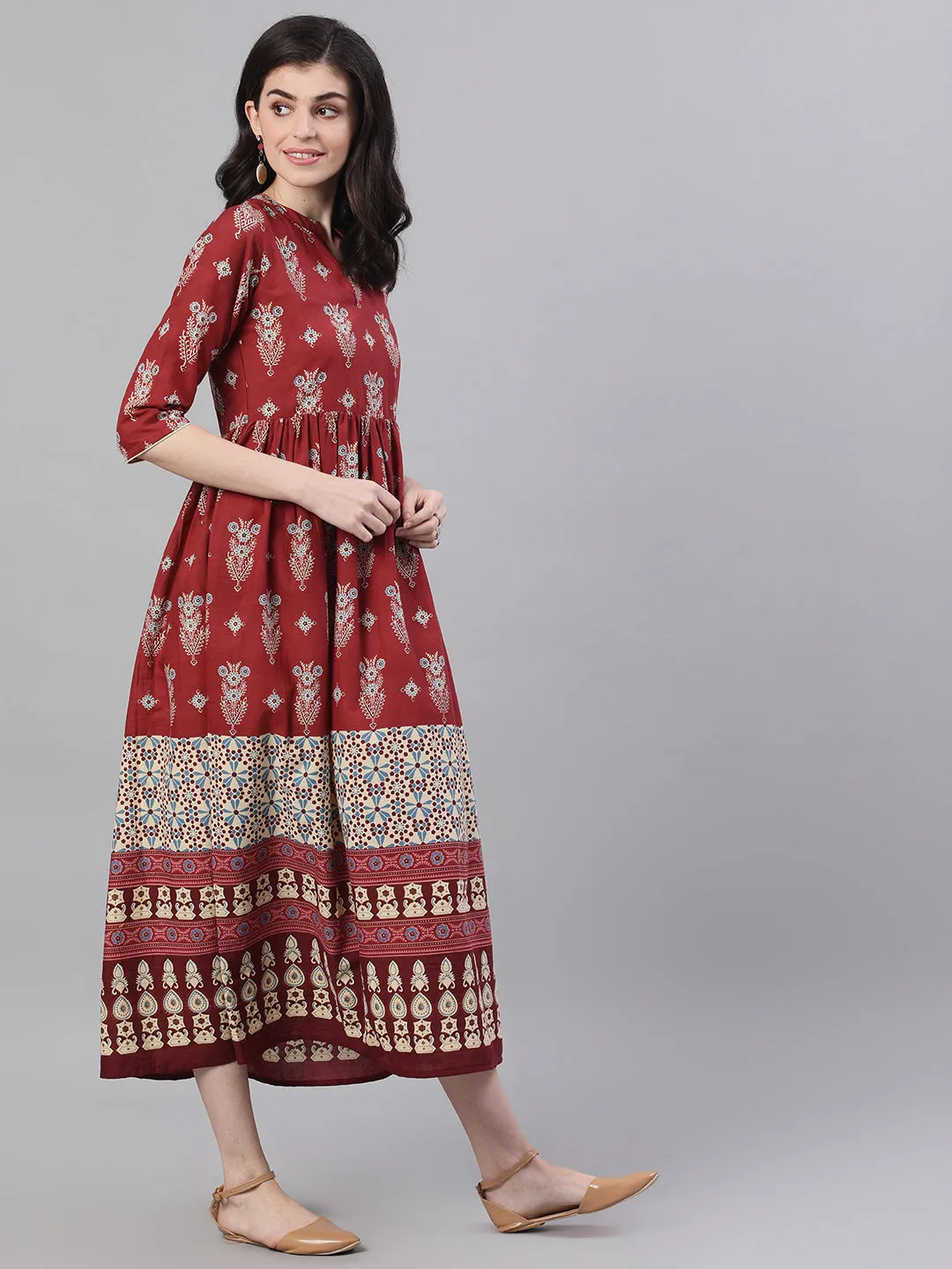 Women Maroon Ethnic Motifs Printed Mandarin Collar Cotton Maxi Dress