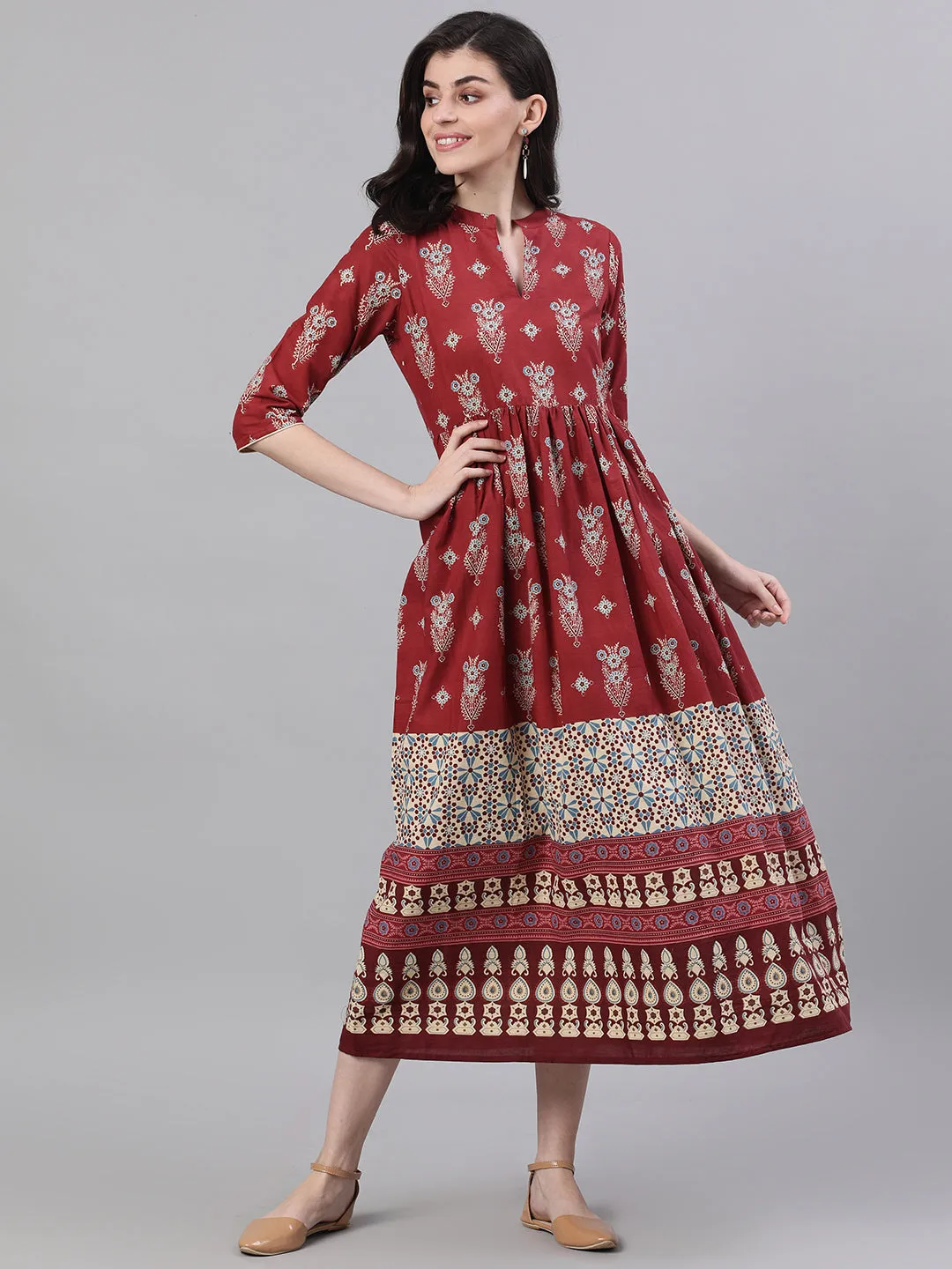 Women Maroon Ethnic Motifs Printed Mandarin Collar Cotton Maxi Dress