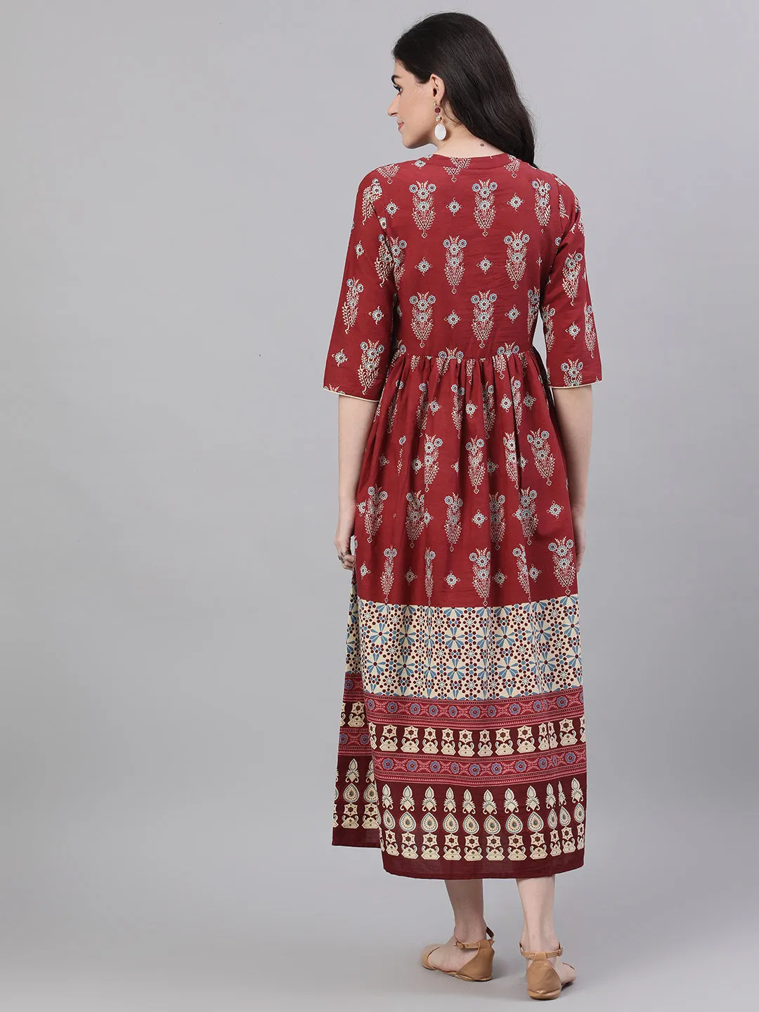 Women Maroon Ethnic Motifs Printed Mandarin Collar Cotton Maxi Dress