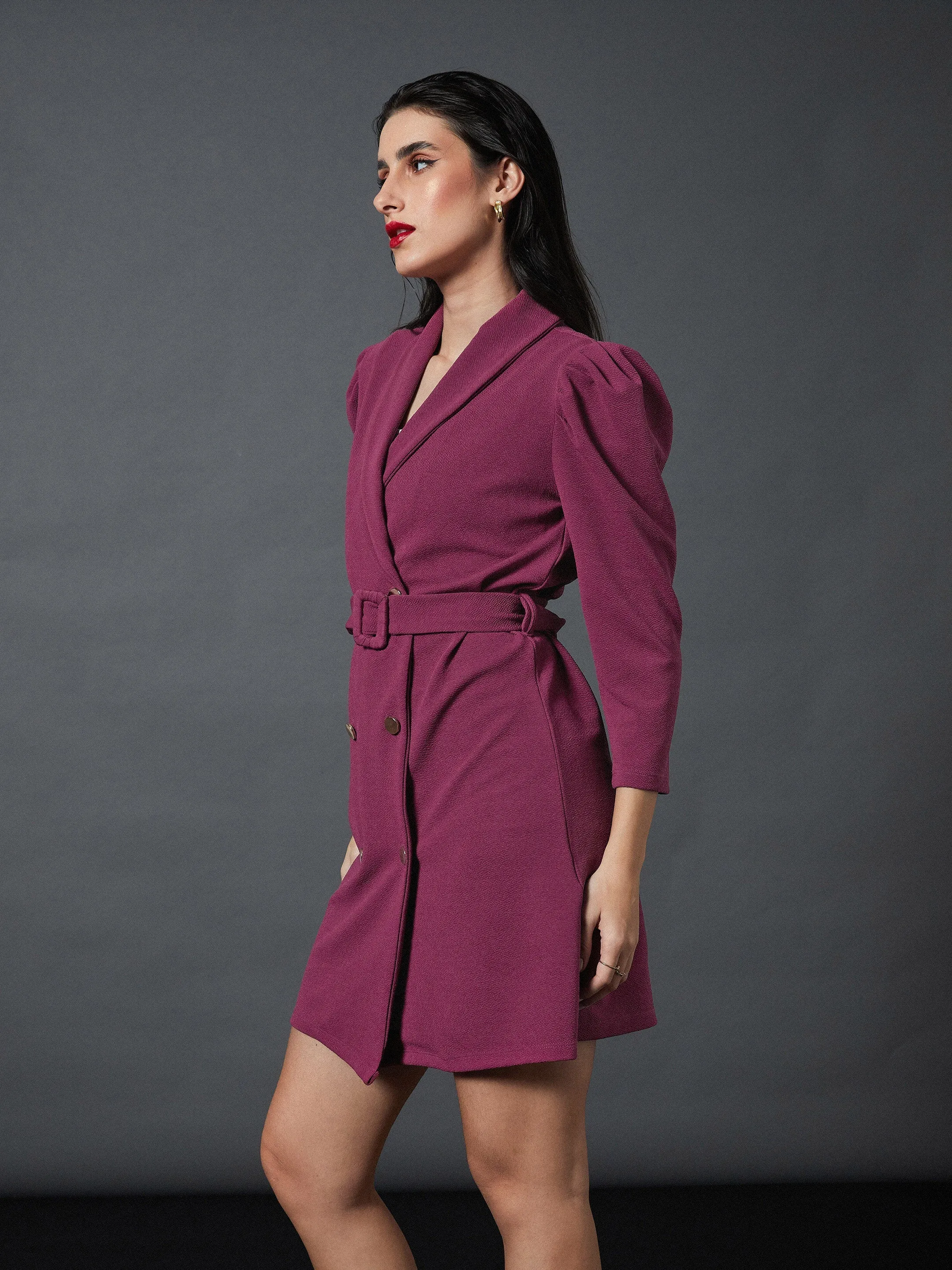 Women Mauve Puff Sleeves Blazer Dress