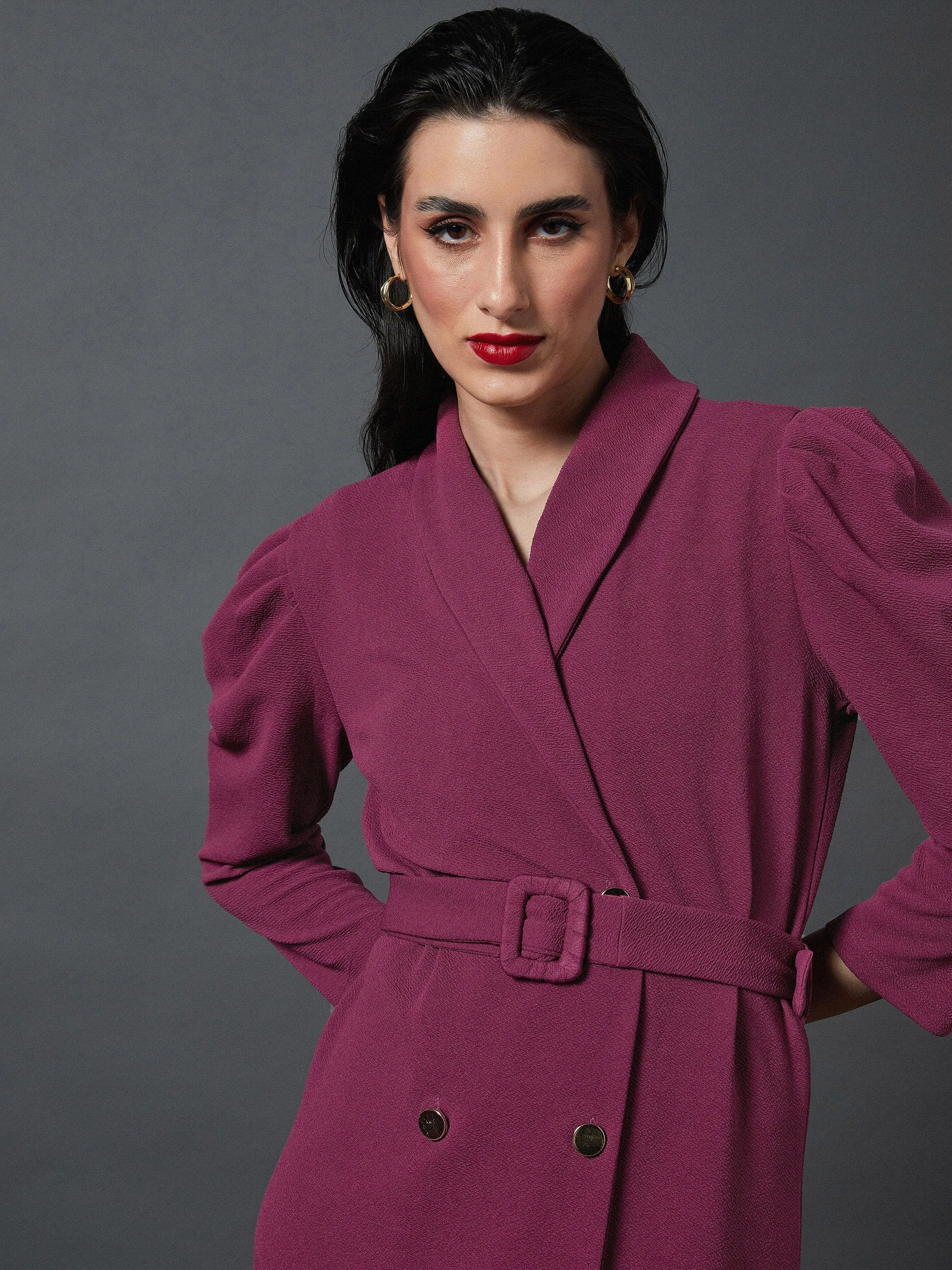 Women Mauve Puff Sleeves Blazer Dress