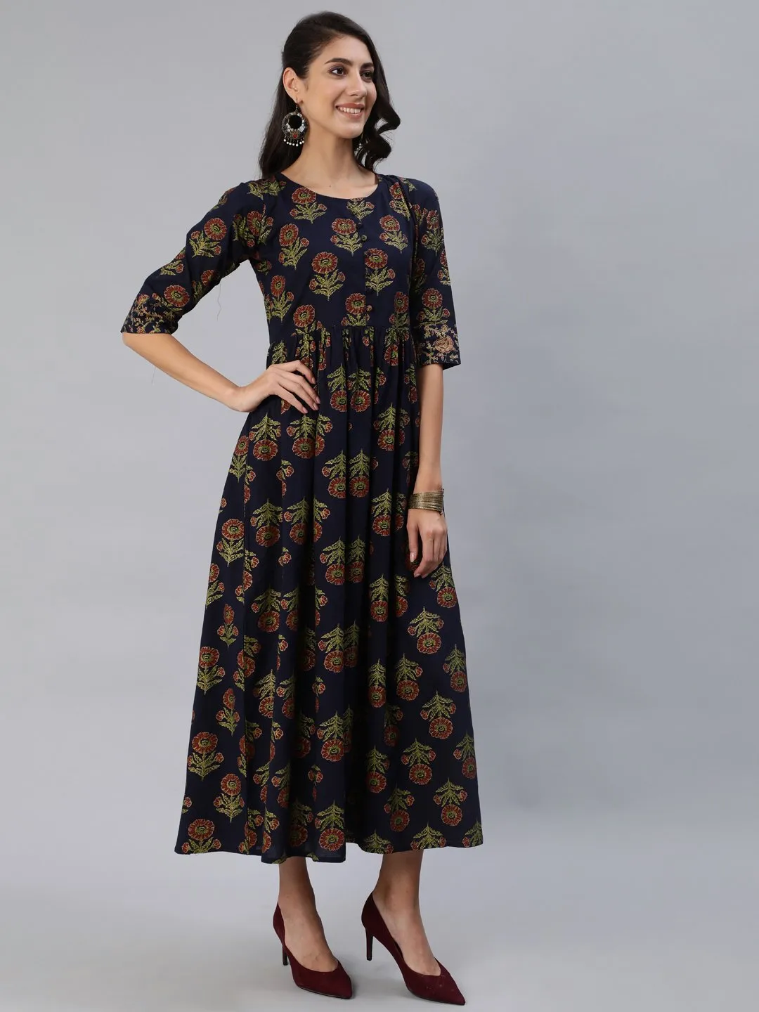 Women Navy Blue Printed Maxi Dress With Three Quarter Sleeves