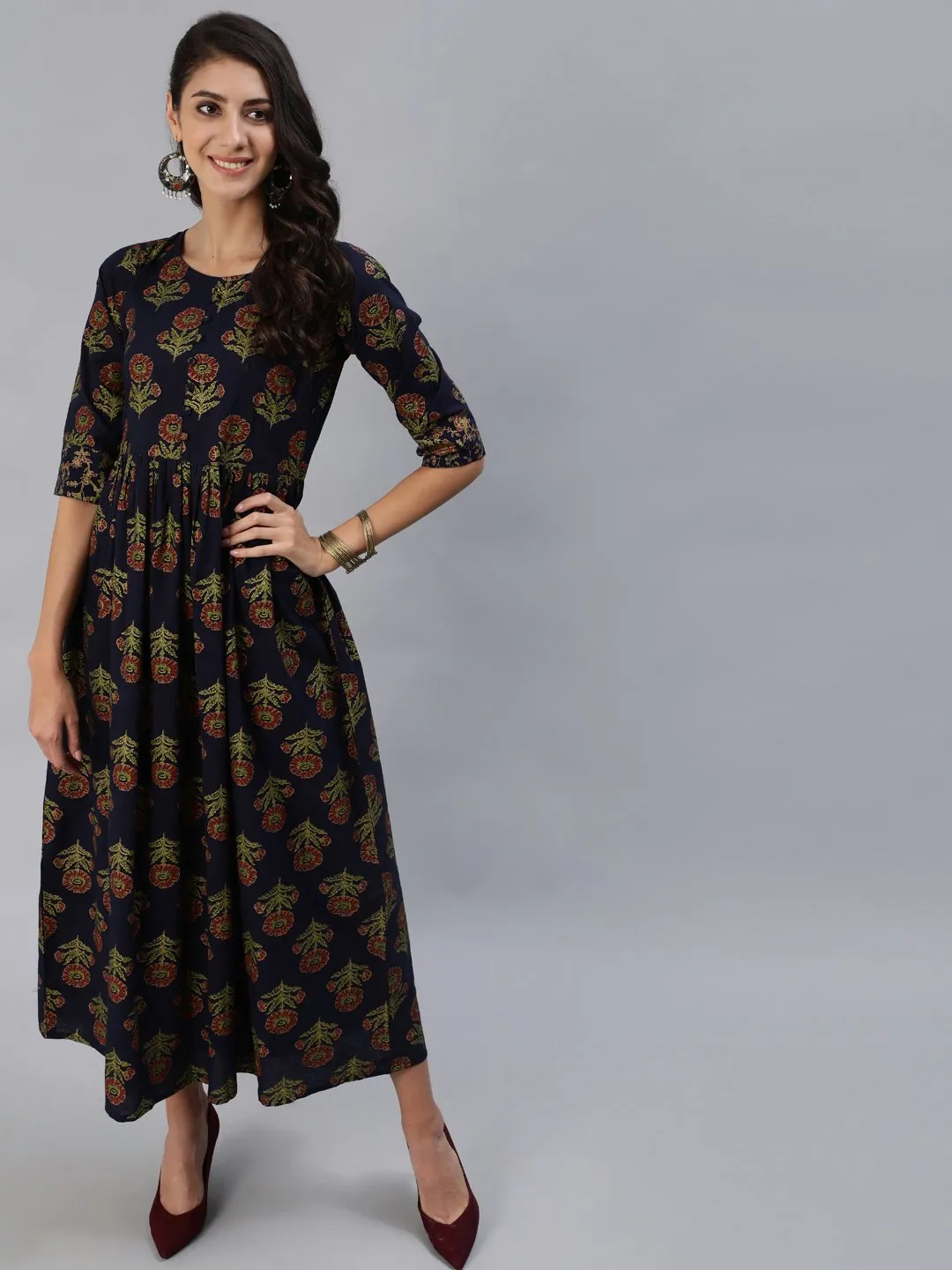 Women Navy Blue Printed Maxi Dress With Three Quarter Sleeves