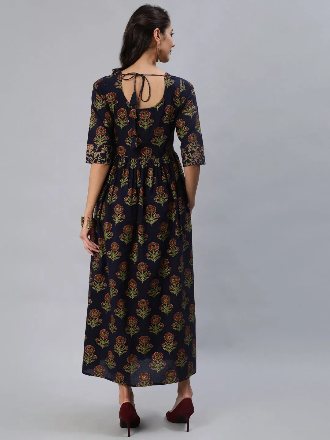 Women Navy Blue Printed Maxi Dress With Three Quarter Sleeves