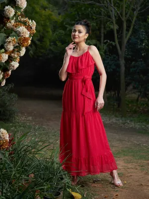 Women Red Chiffon Lurex Strappy Ruffle Maxi Dress