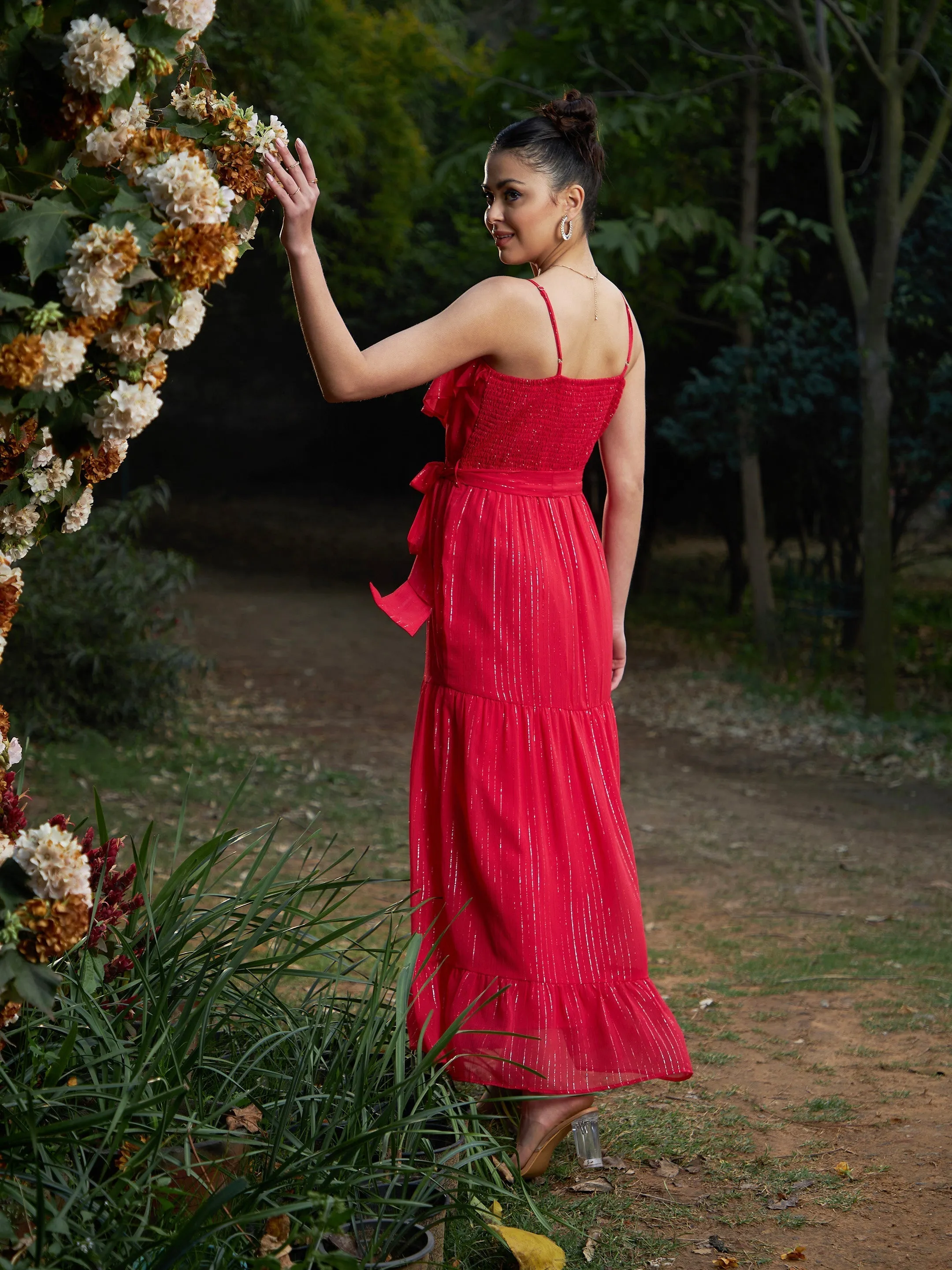 Women Red Chiffon Lurex Strappy Ruffle Maxi Dress