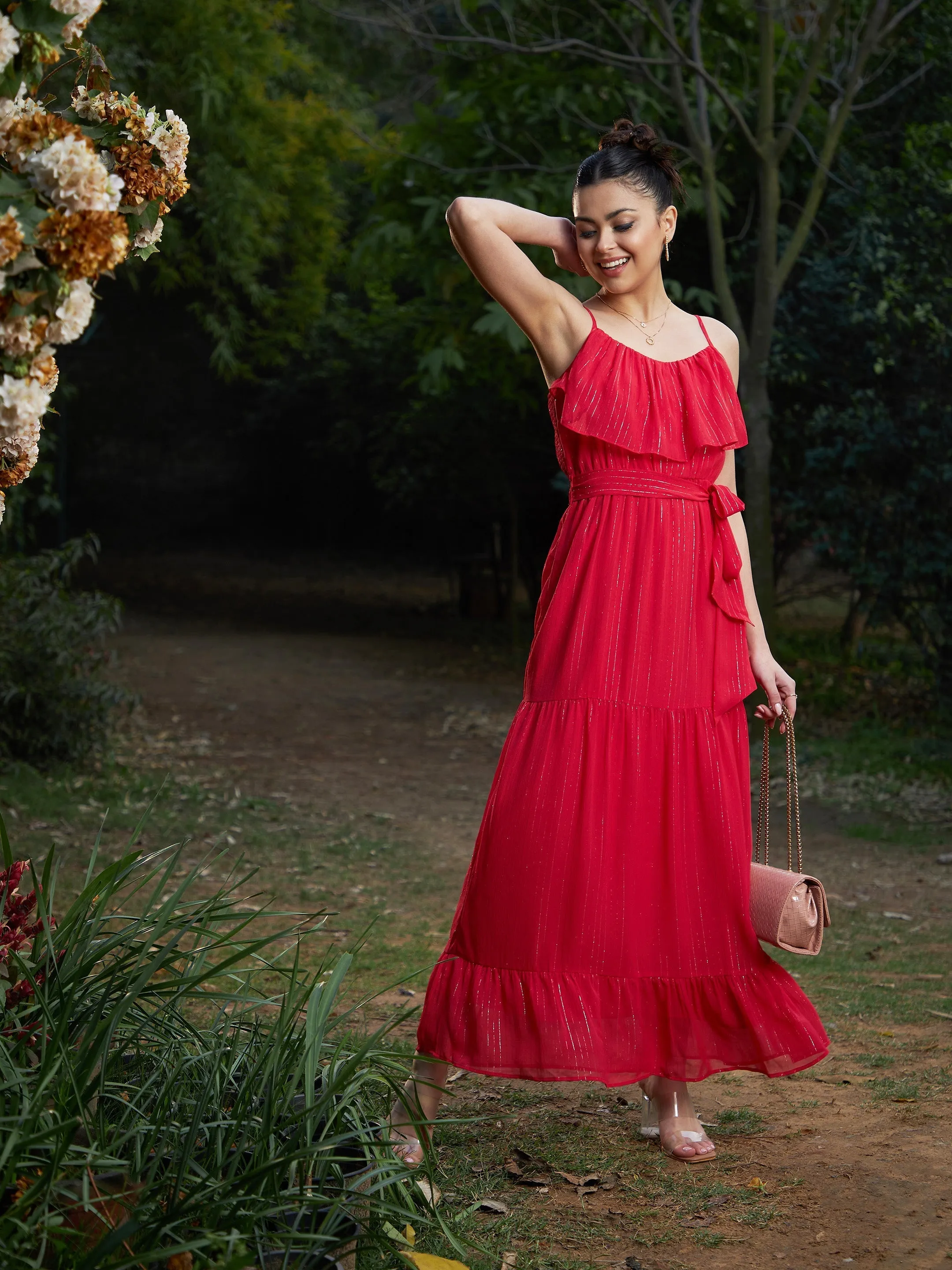 Women Red Chiffon Lurex Strappy Ruffle Maxi Dress