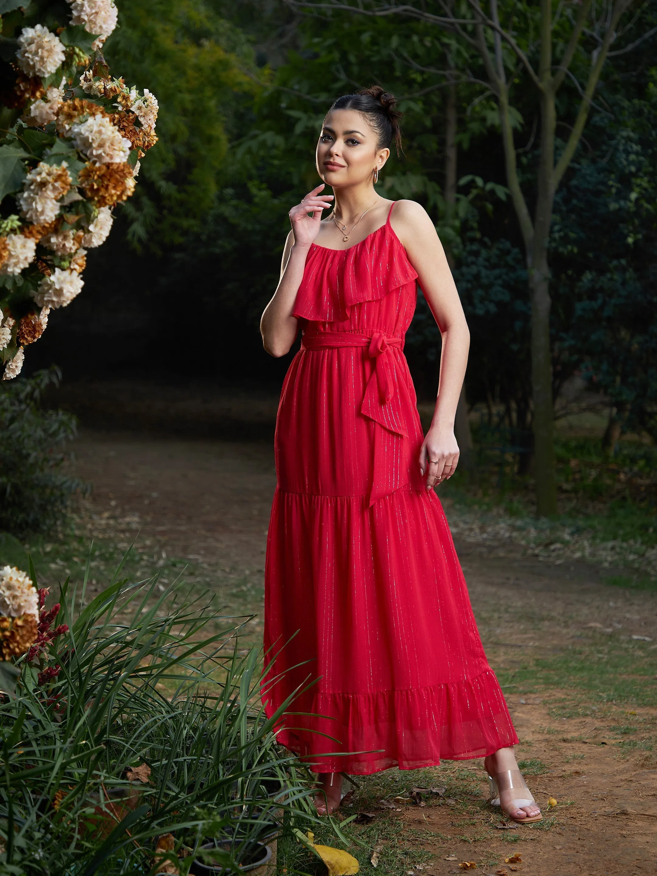 Women Red Chiffon Lurex Strappy Ruffle Maxi Dress