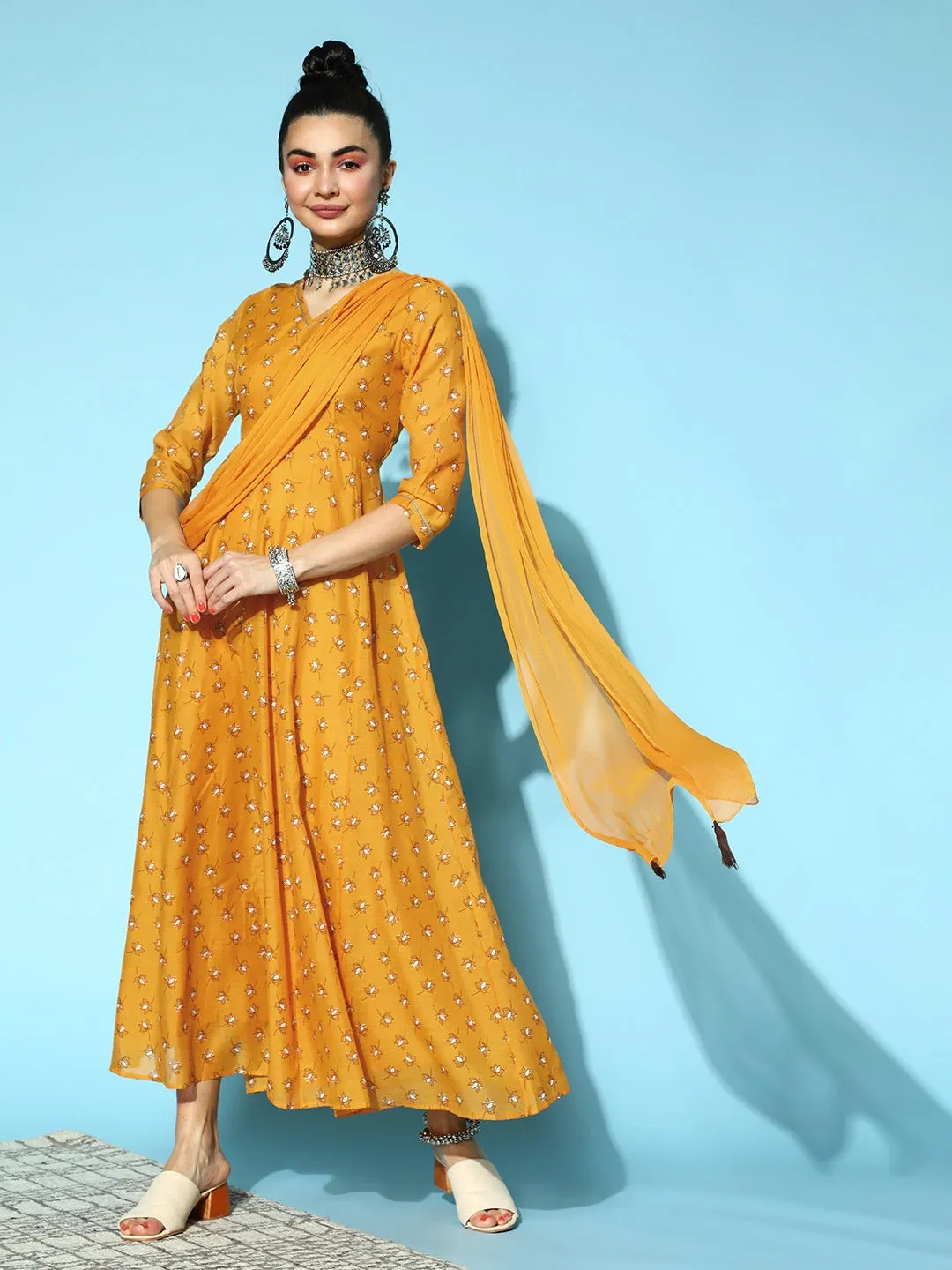 Women Yellow Lotus Anarkali Maxi With Attached Pallu