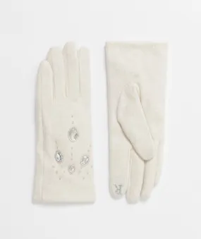 Womens Cream Touchscreeen Fabric Gloves with Gems