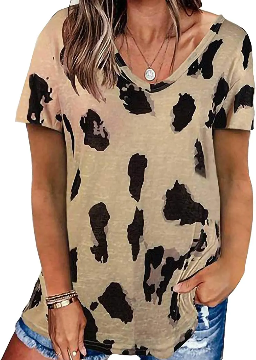 Women's Leopard Print Tops Short Sleeve V Neck T Shirts Loose Casual Summer Blouses