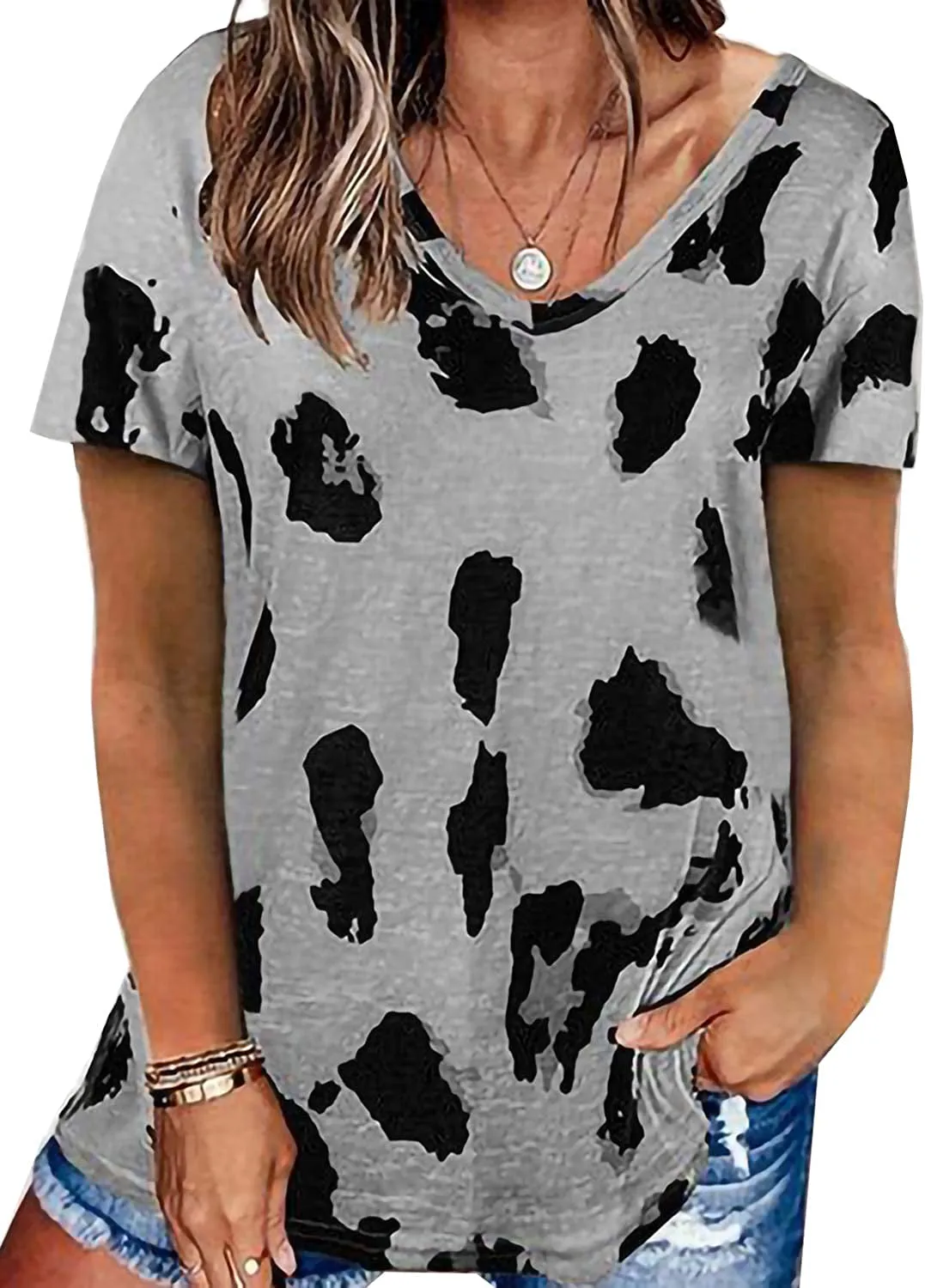 Women's Leopard Print Tops Short Sleeve V Neck T Shirts Loose Casual Summer Blouses