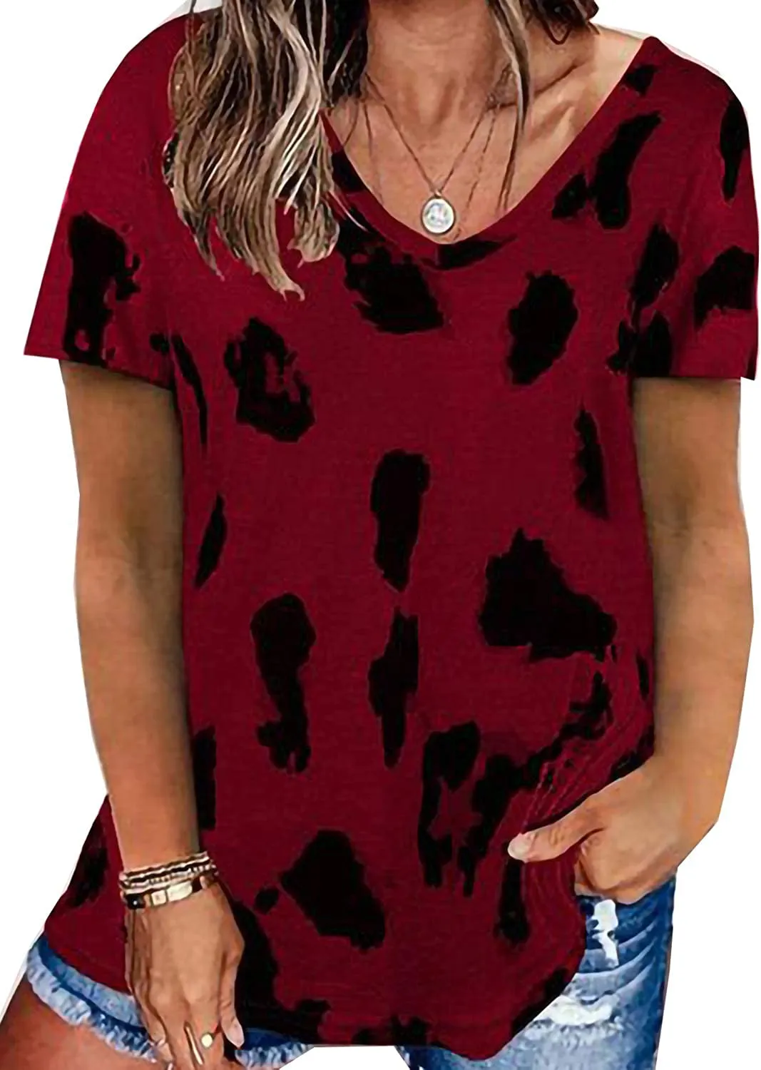 Women's Leopard Print Tops Short Sleeve V Neck T Shirts Loose Casual Summer Blouses