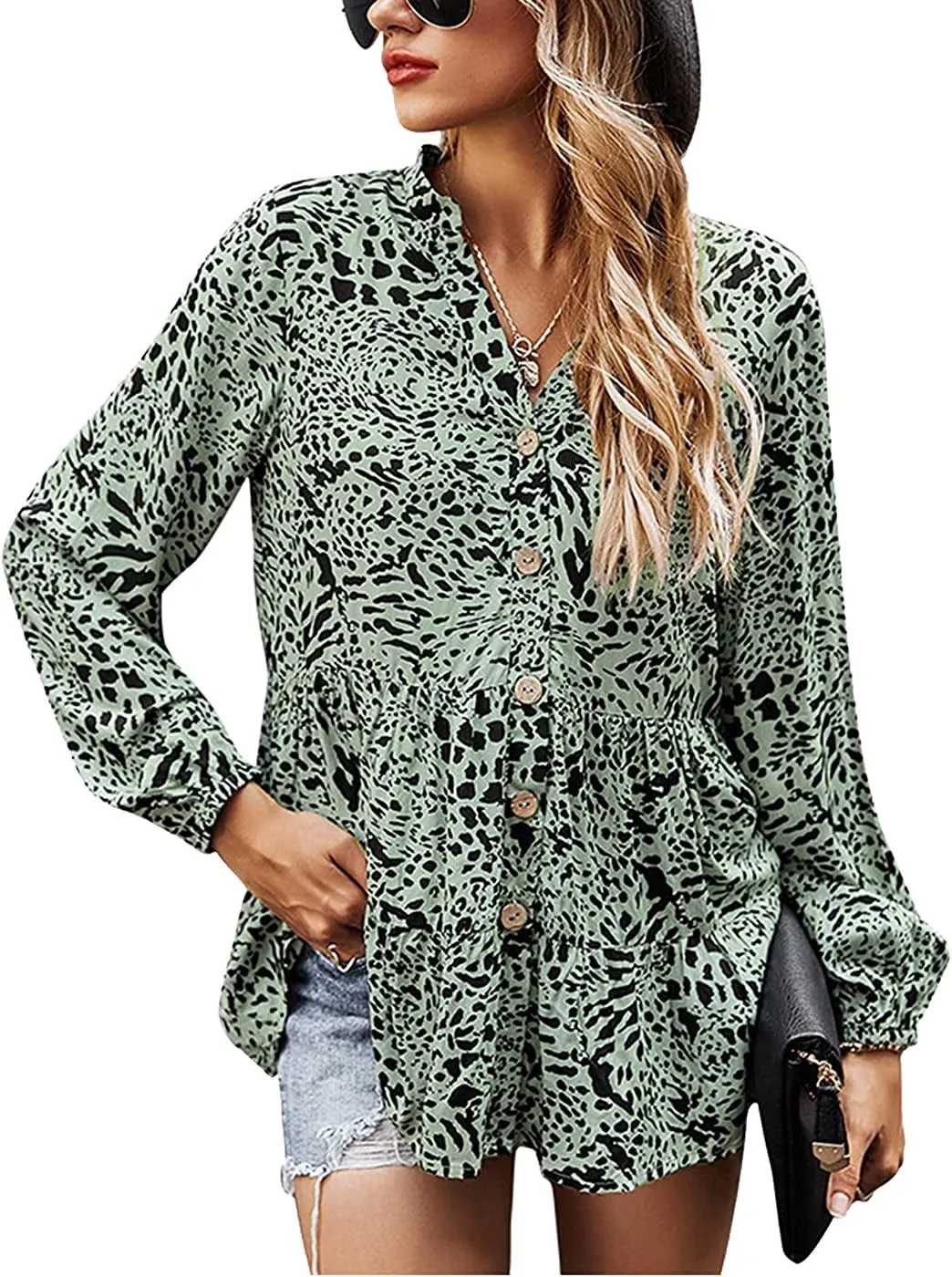 Women's Long Sleeve V Neck Ruffle Hem Shirt Casual Button Down Tunic Tops Blouses