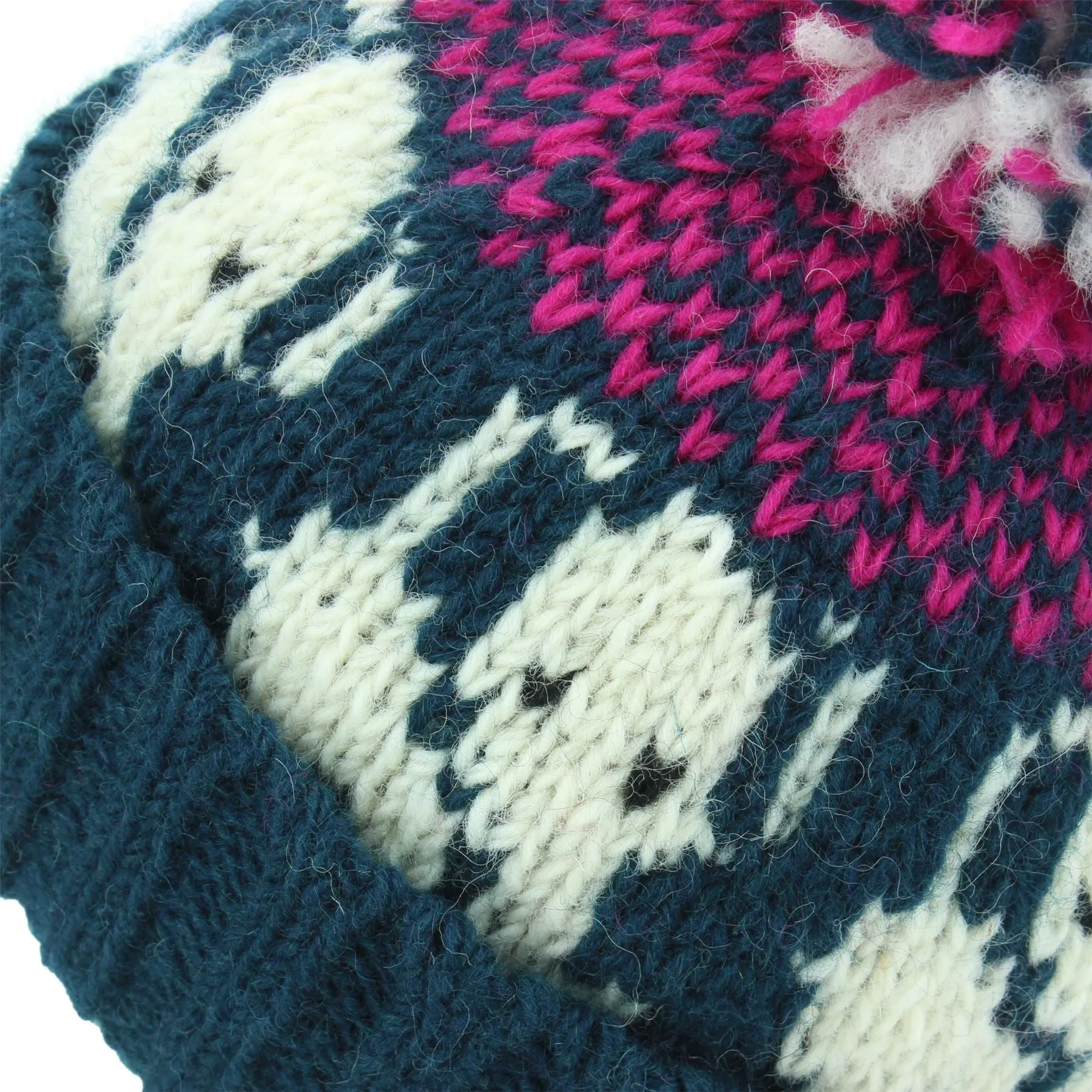 Wool Knit Bobble Beanie Hat - Elephant - Teal Pink