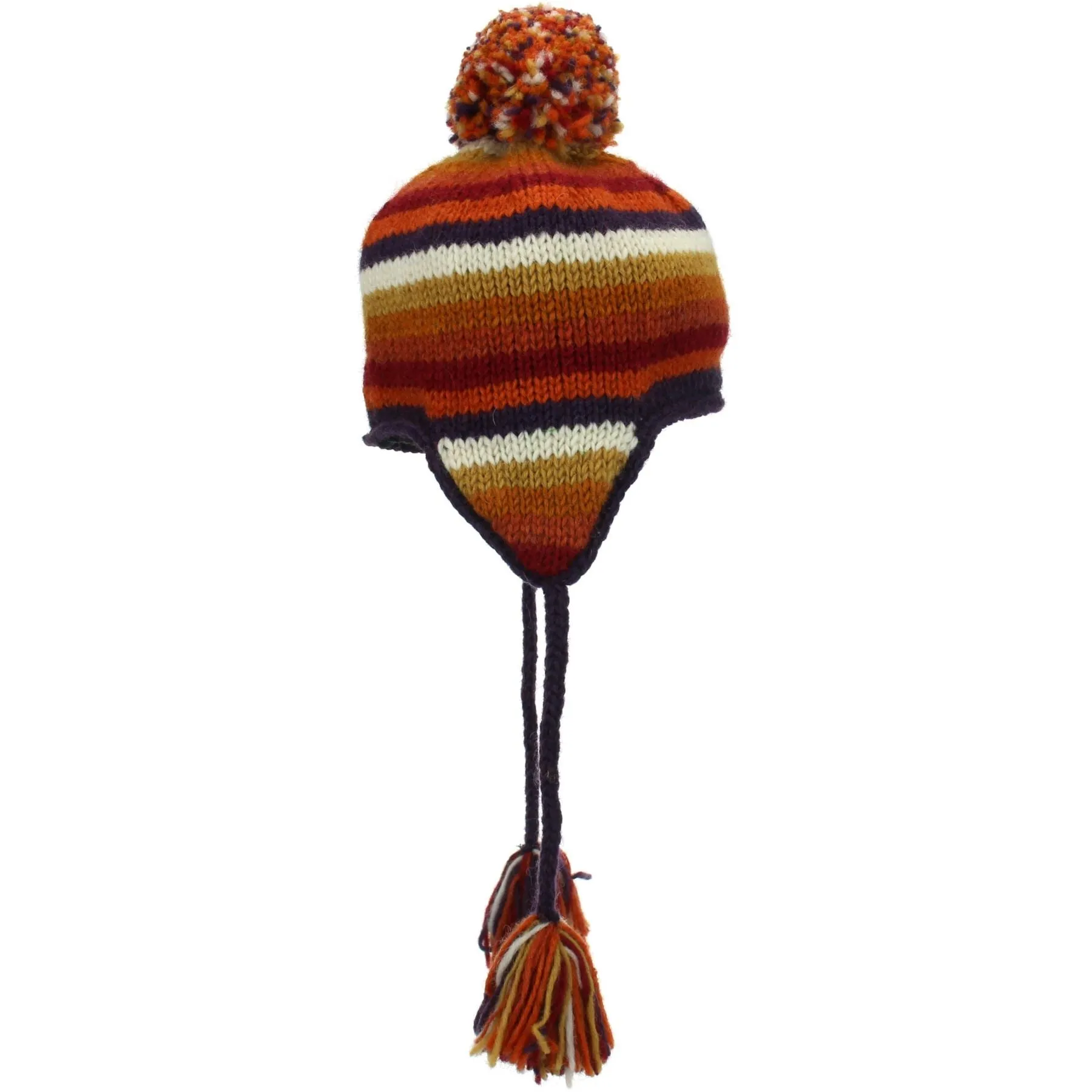 Wool Knit Earflap Bobble Hat - Stripe Orange Rust