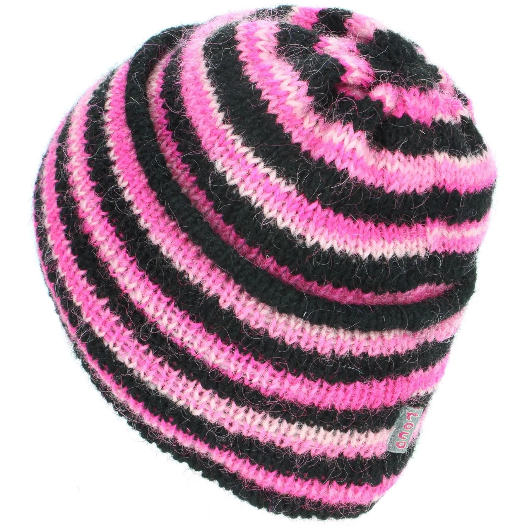 Wool Knit Ridge Beanie Hat with Fleece Lining - Black & Pink Space Dye