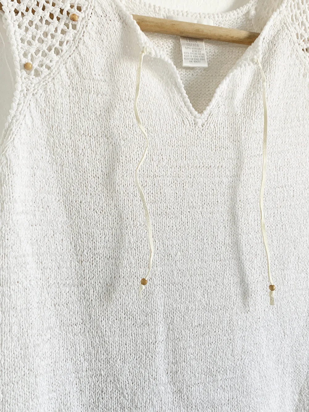 Worthington White Knit Tank Sweater With Wooden Bead Detail