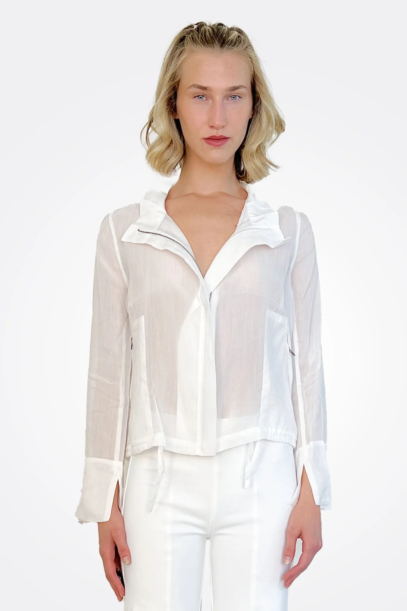 Yabella Sheer Mockneck Zip Jacket - White